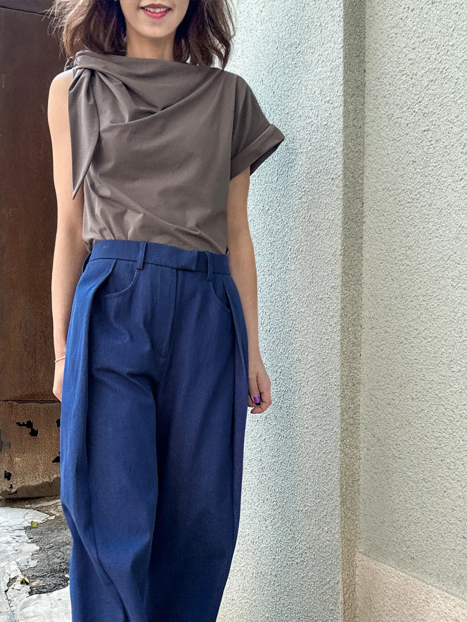 Denim Blue Pleat Front Detail Wide Leg Trousers