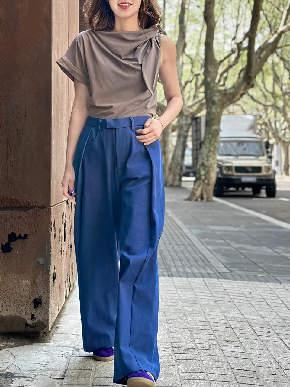 Denim Blue Pleat Front Detail Wide Leg Trousers