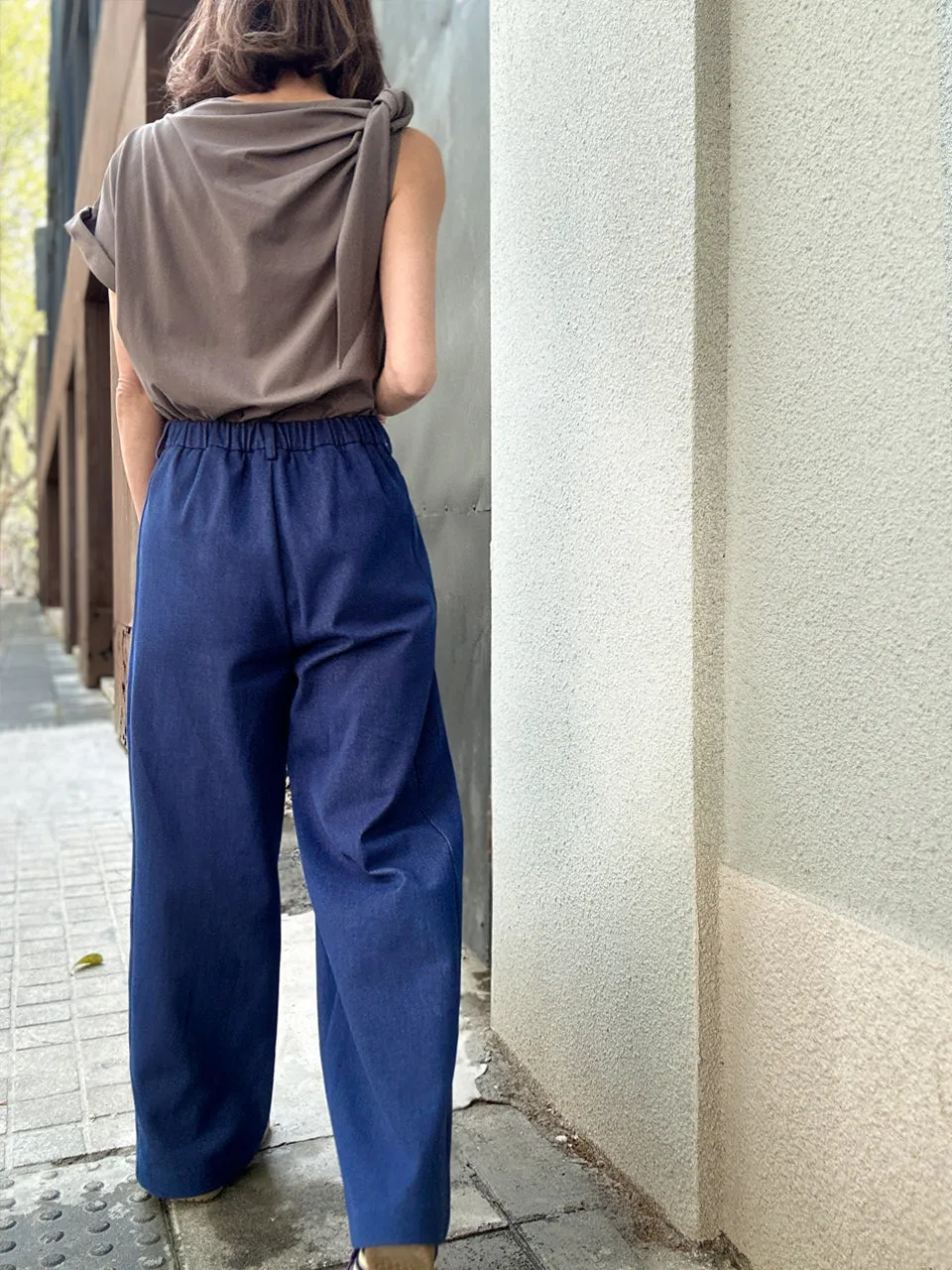 Denim Blue Pleat Front Detail Wide Leg Trousers