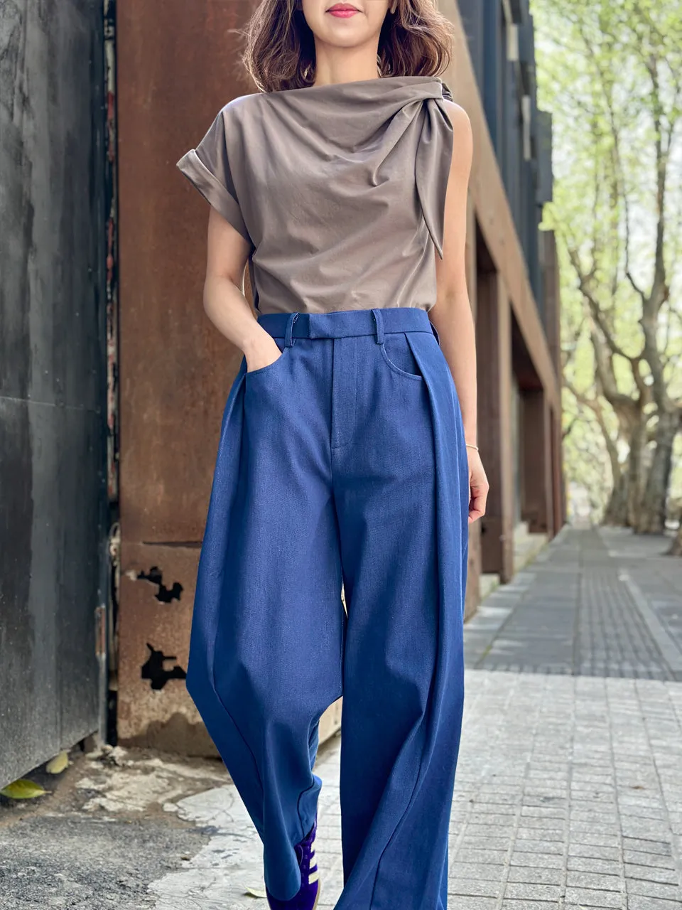 Denim Blue Pleat Front Detail Wide Leg Trousers