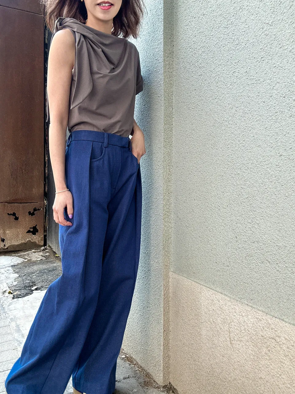 Denim Blue Pleat Front Detail Wide Leg Trousers