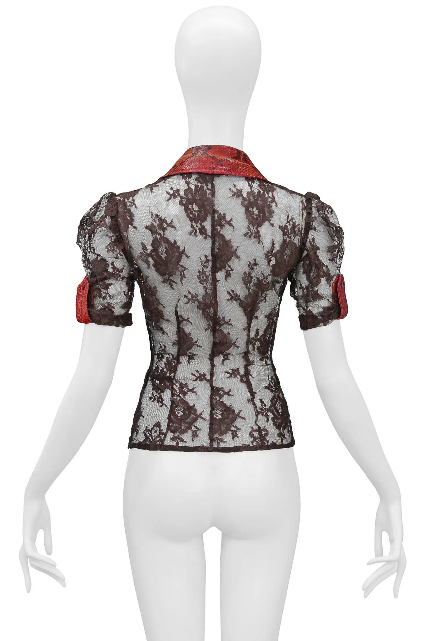 DOLCE & GABBANA BROWN LACE TOP WITH RED PYTHON TRIM 2005