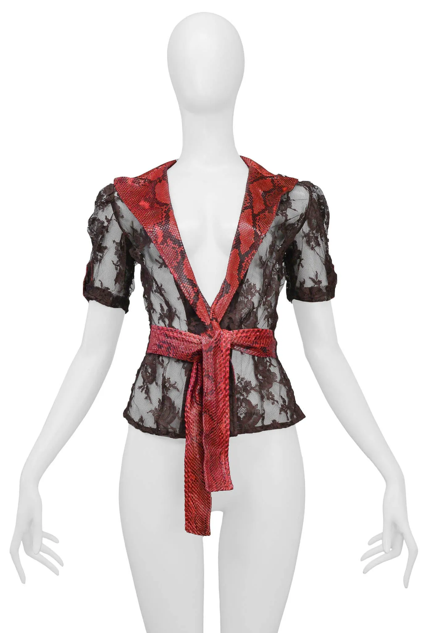 DOLCE & GABBANA BROWN LACE TOP WITH RED PYTHON TRIM 2005