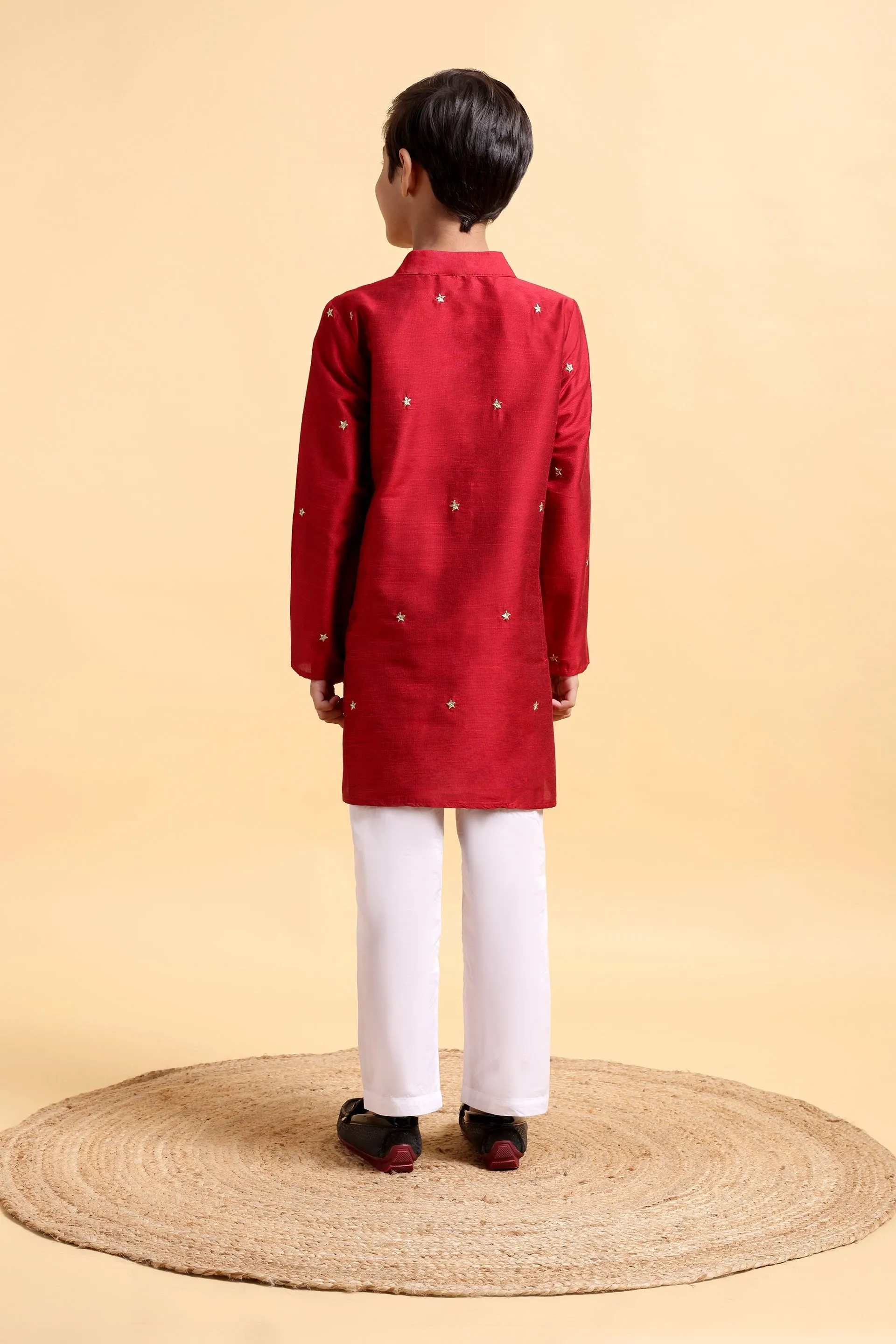 Elegant Deep Red Embroidered Cotton Silk Kurta & Pajama Set