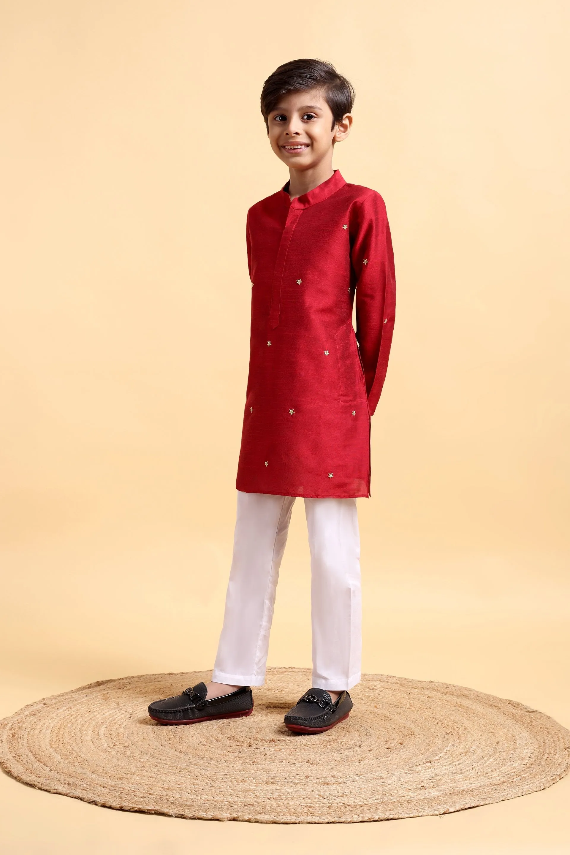 Elegant Deep Red Embroidered Cotton Silk Kurta & Pajama Set