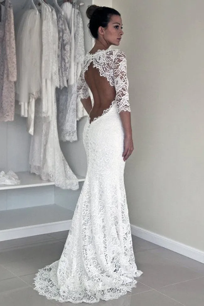 Elegant Lace Open Back Long Sleeve Mermaid Wedding Dresses, SVD519