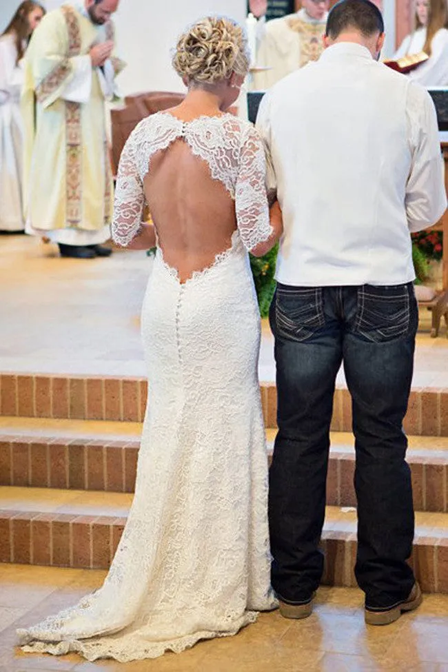 Elegant Lace Open Back Long Sleeve Mermaid Wedding Dresses, SVD519