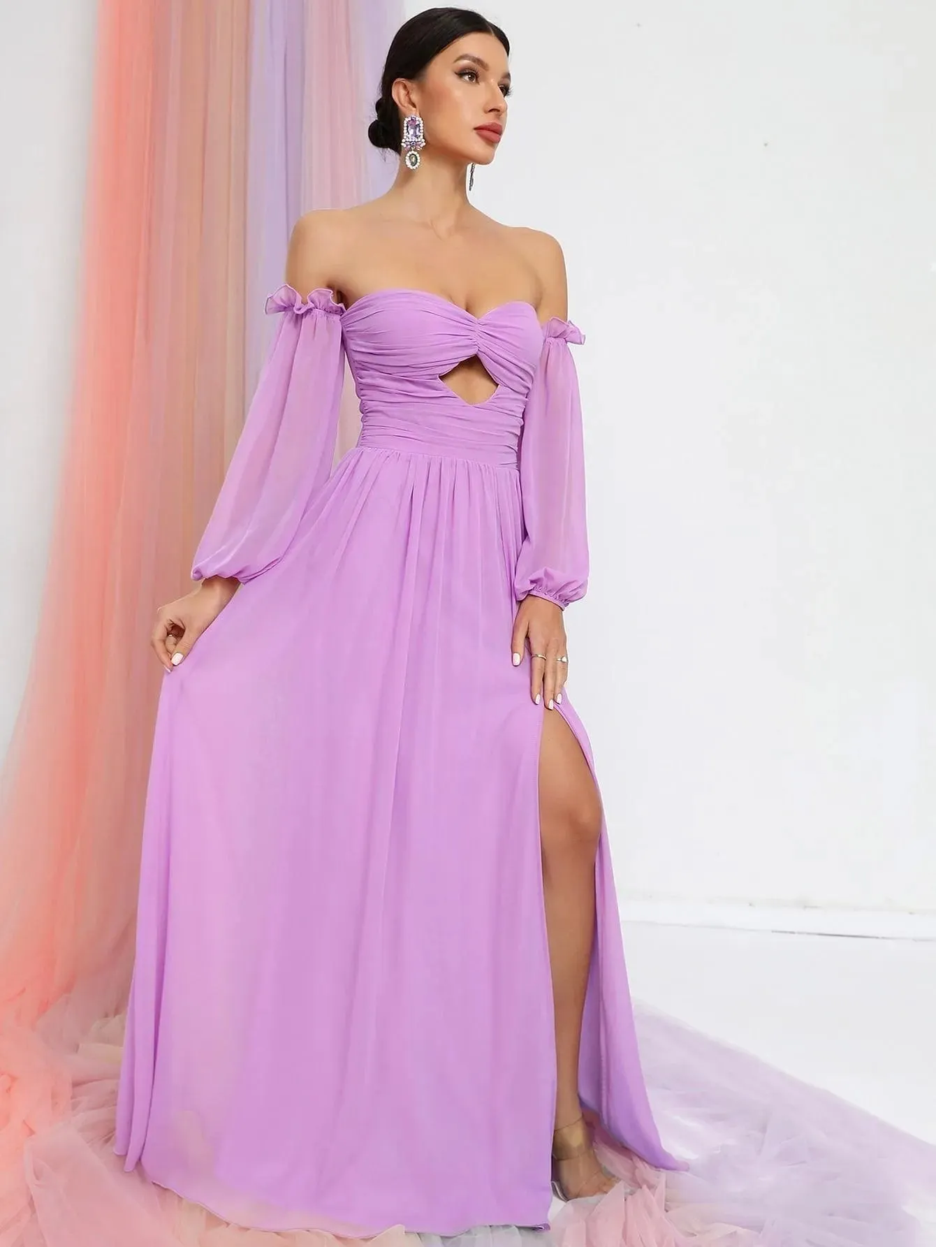 Elegant Off Shoulder Cut Out Ruched Split Thigh A Line Dress