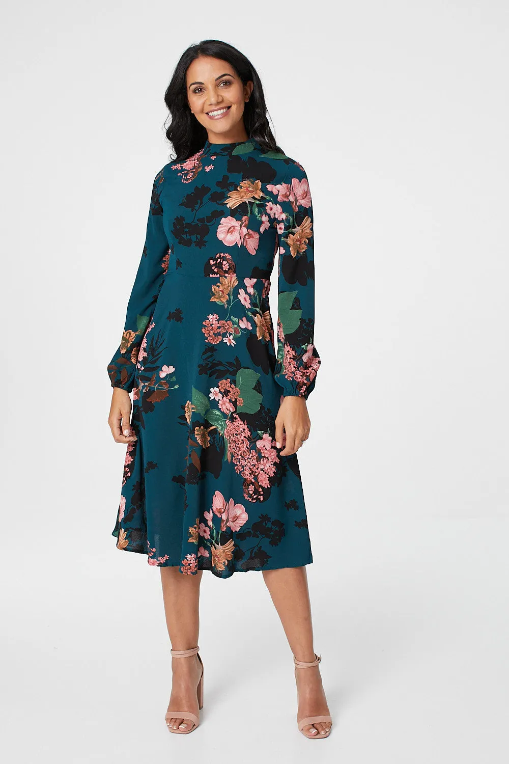 Floral High Neck Midi Dress