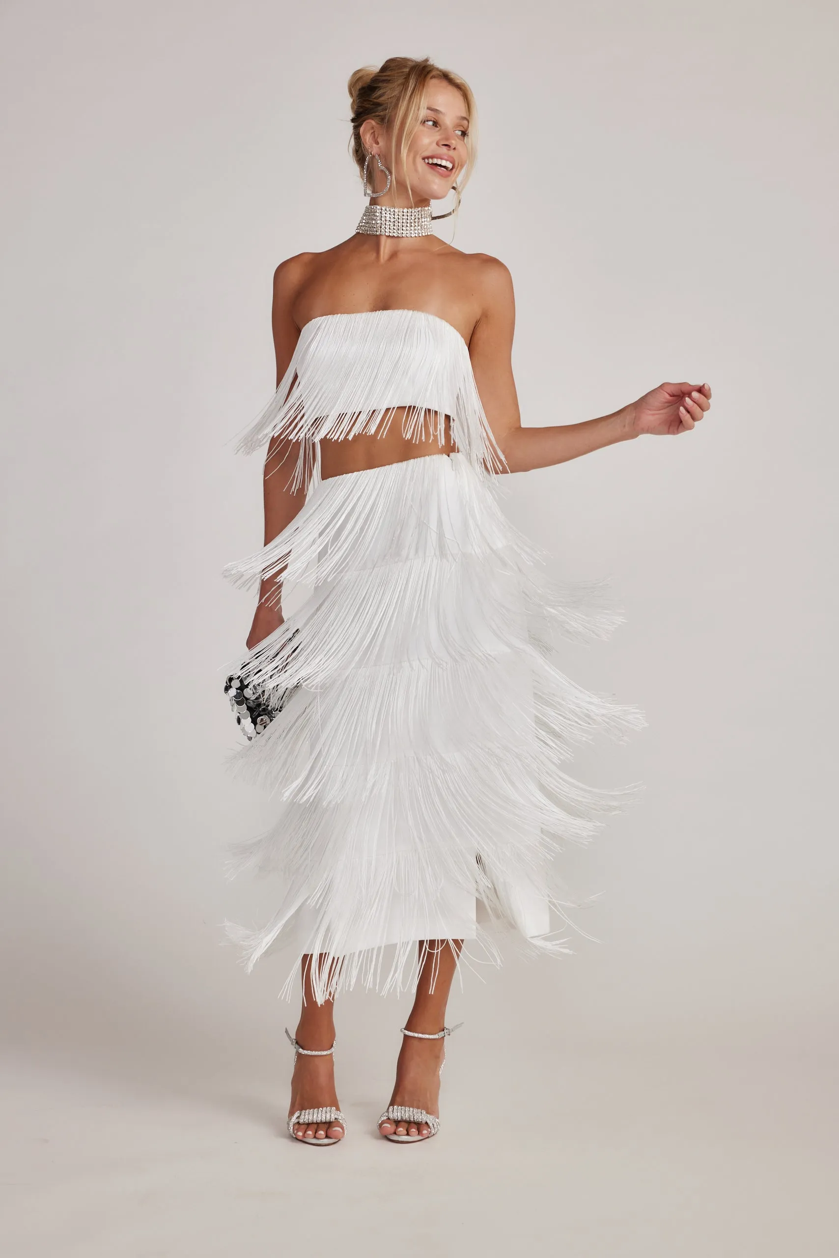 Gatsby White Fringe Strapless Top