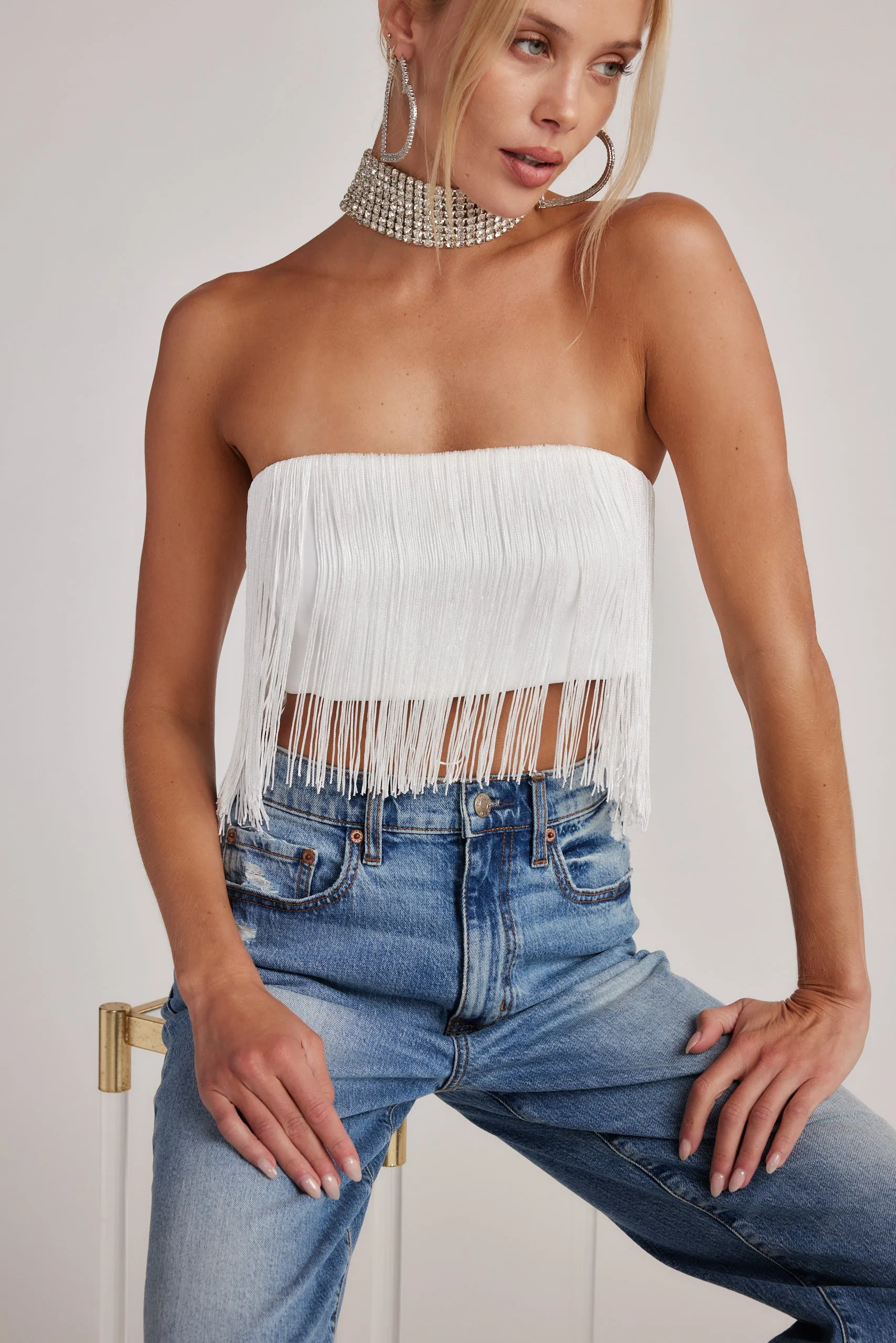 Gatsby White Fringe Strapless Top