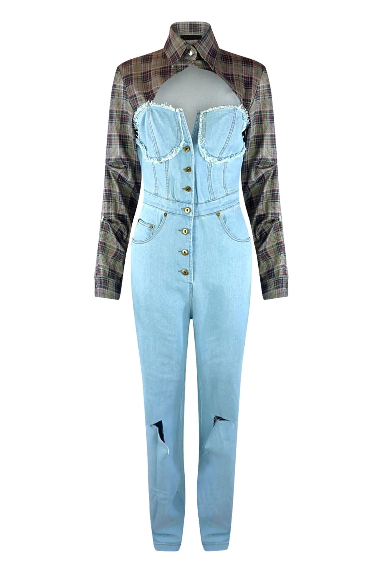 Giddy Up Plaid Shirt Denim Jumpsuit