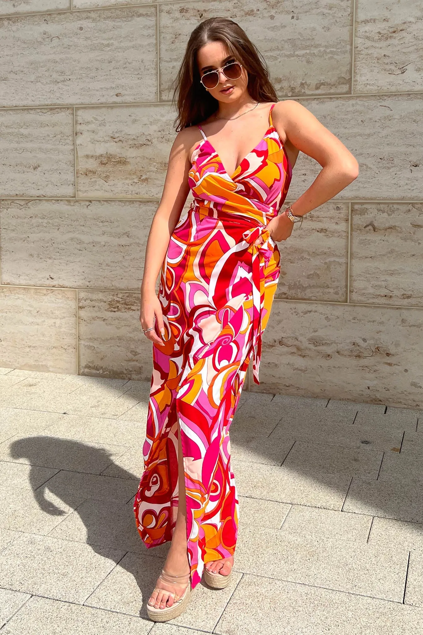 Girl in Mind Mia Pink and Orange Wrap Maxi Dress