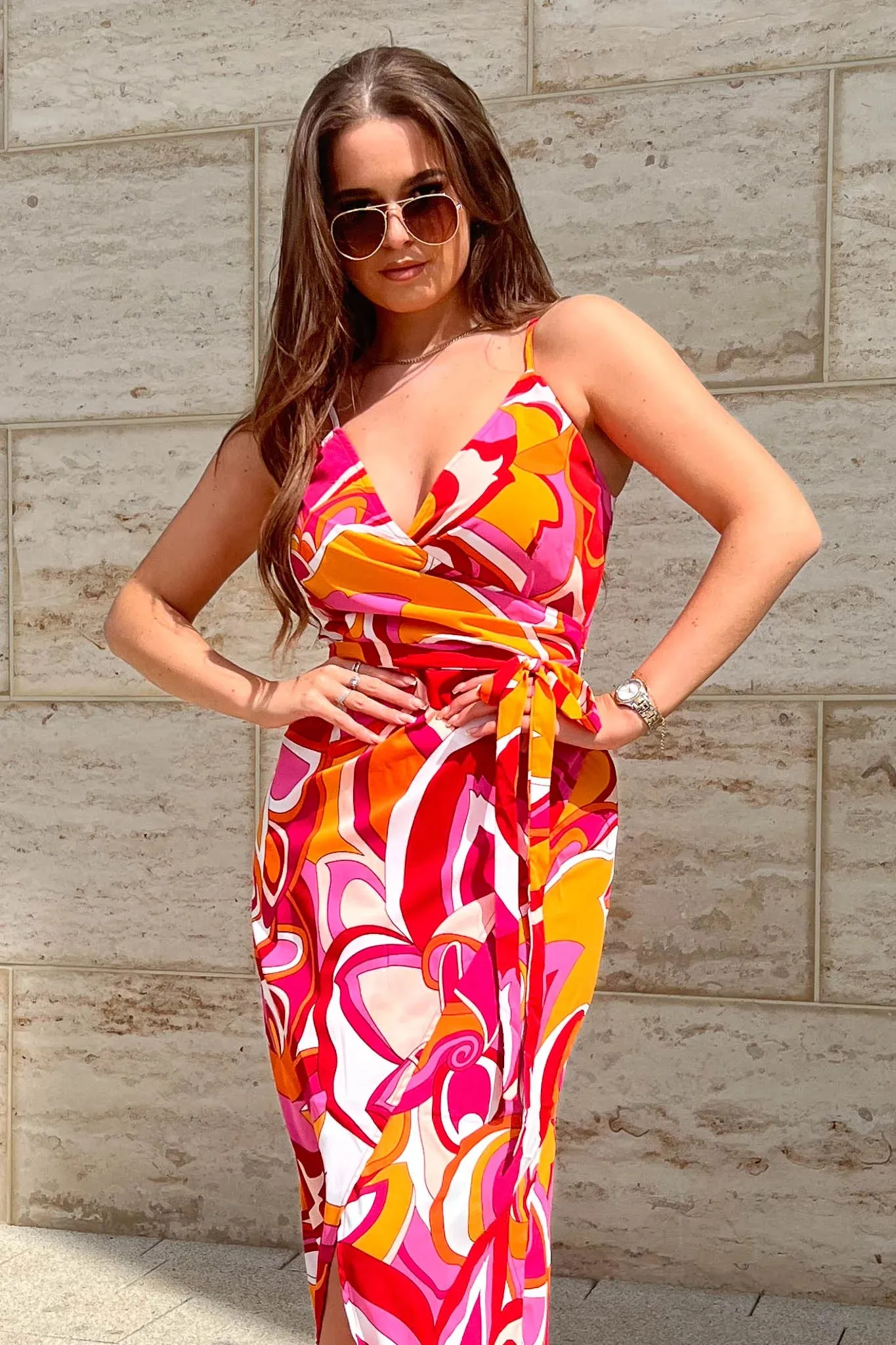 Girl in Mind Mia Pink and Orange Wrap Maxi Dress