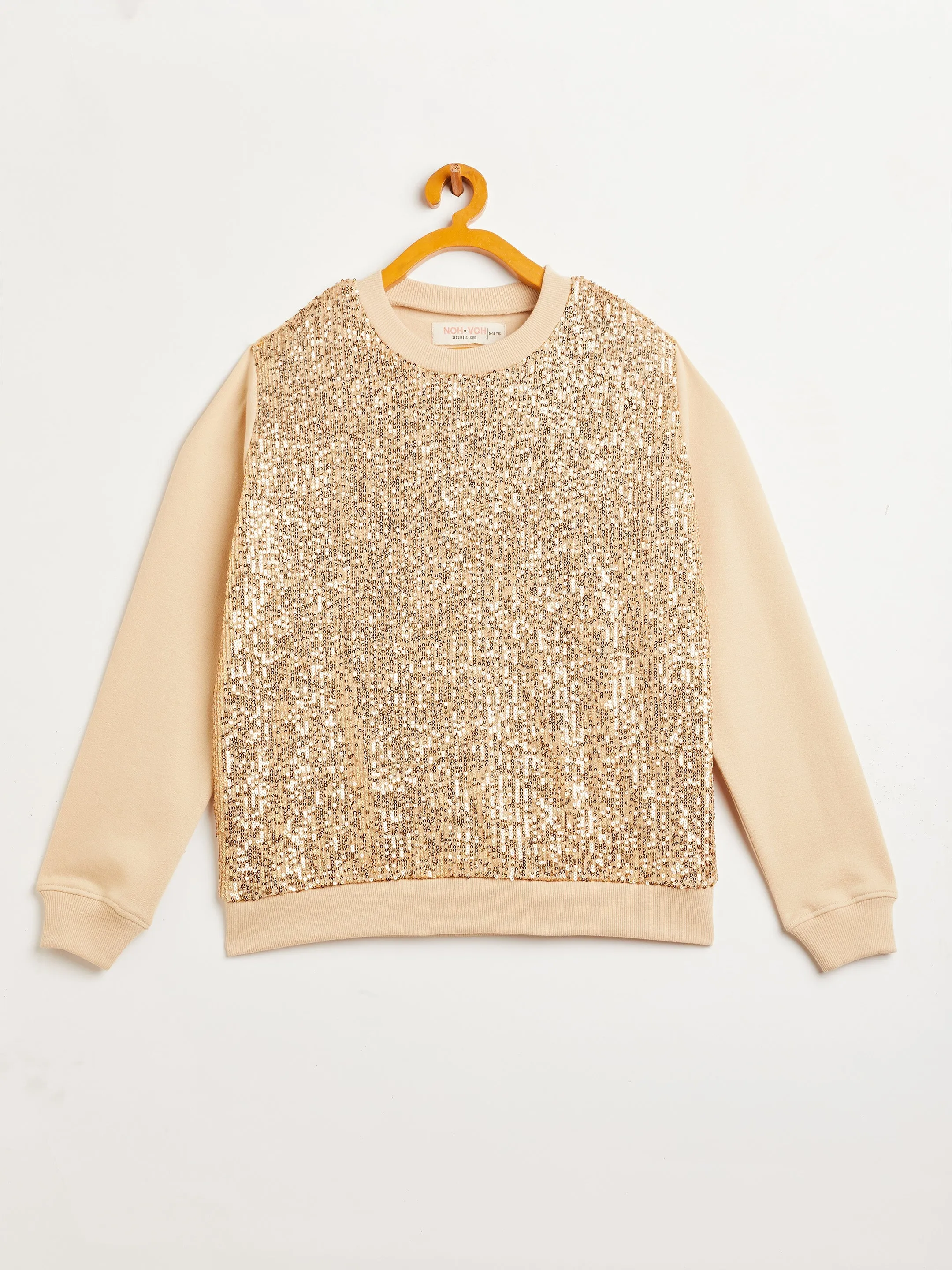 Girls Beige Front Sequence Overiszed Sweatshirt