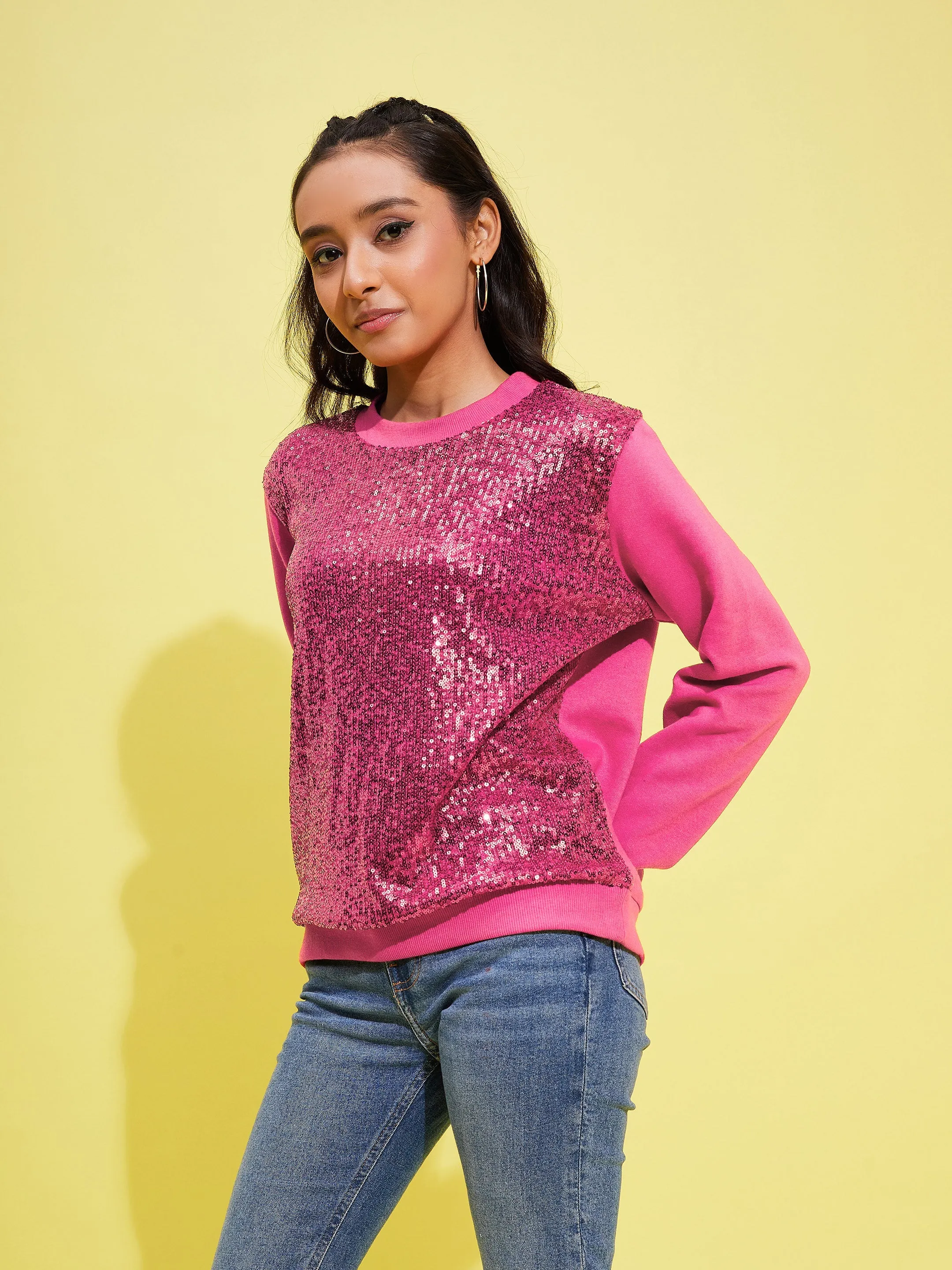 Girls Pink Front Sequence Overiszed Sweatshirt