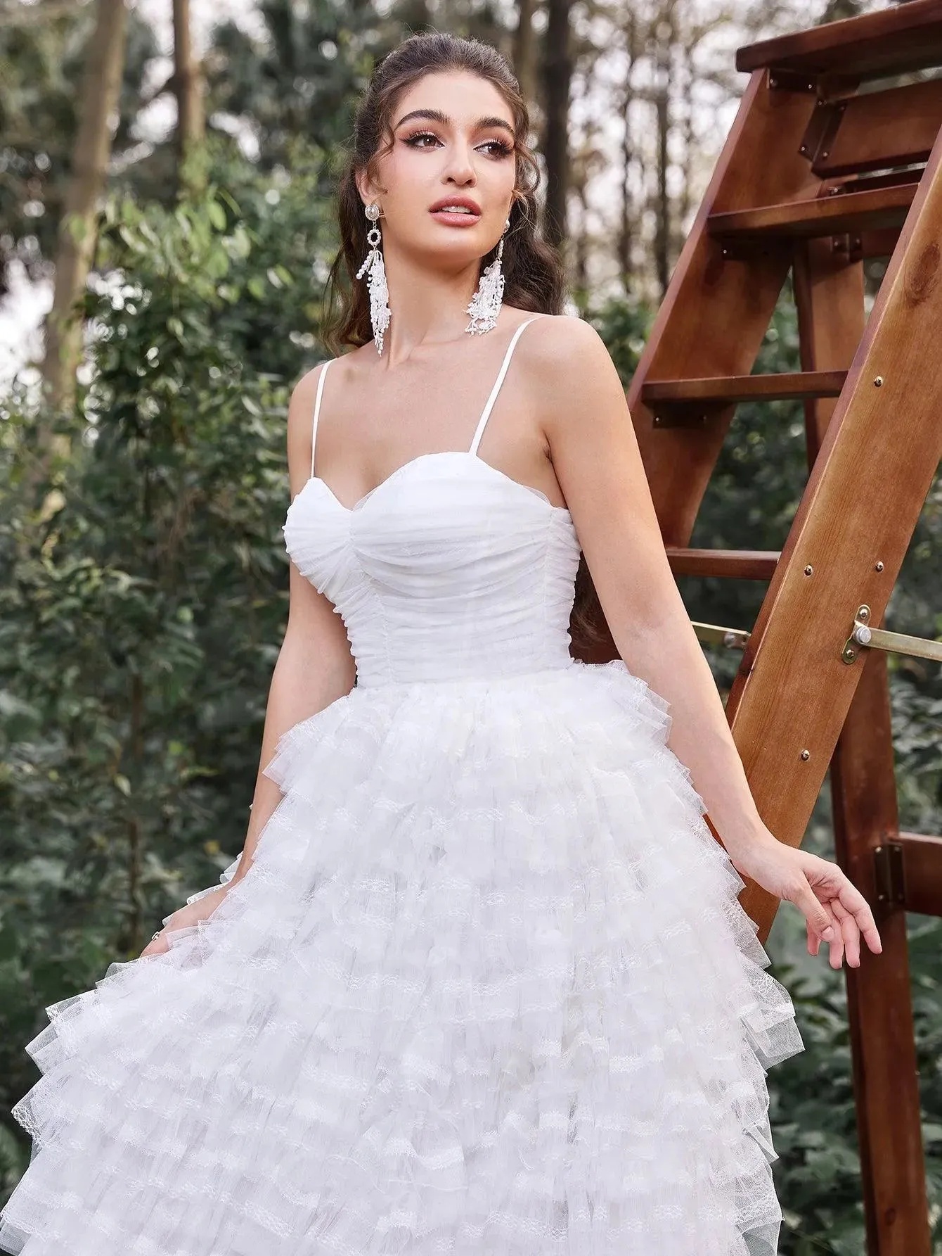 Gorgeous Lace Up Back Cascading Ruffle Hem Slip Wedding Dress