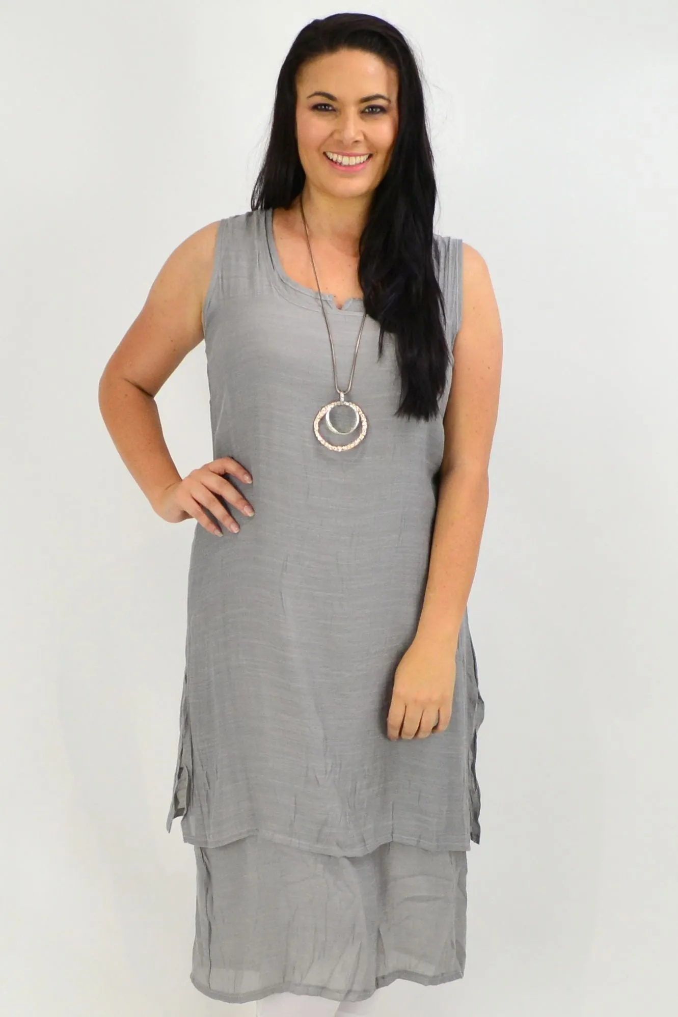 Grey V Sleeveless Layered Tunic Dress