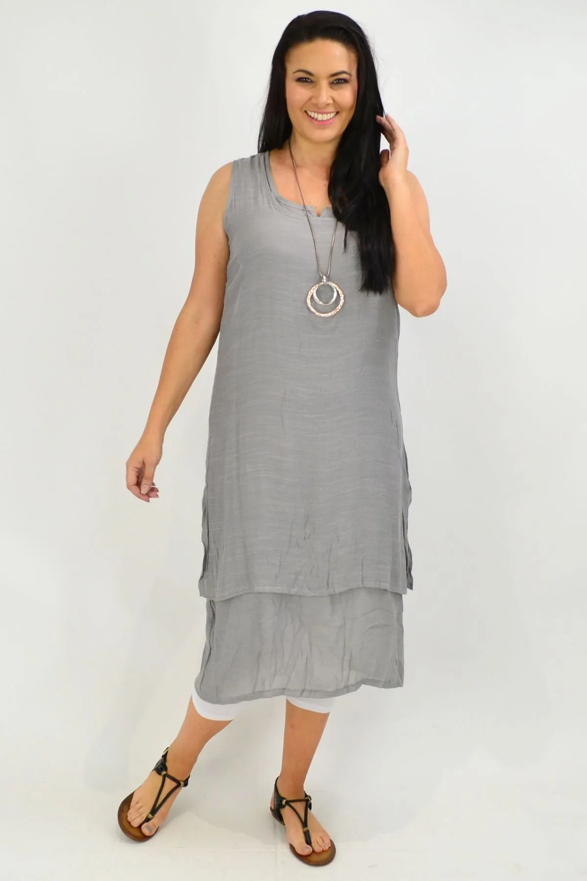 Grey V Sleeveless Layered Tunic Dress