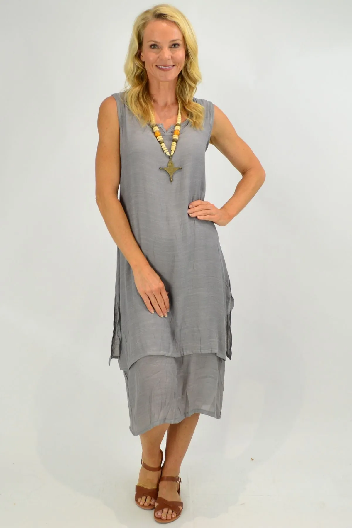 Grey V Sleeveless Layered Tunic Dress