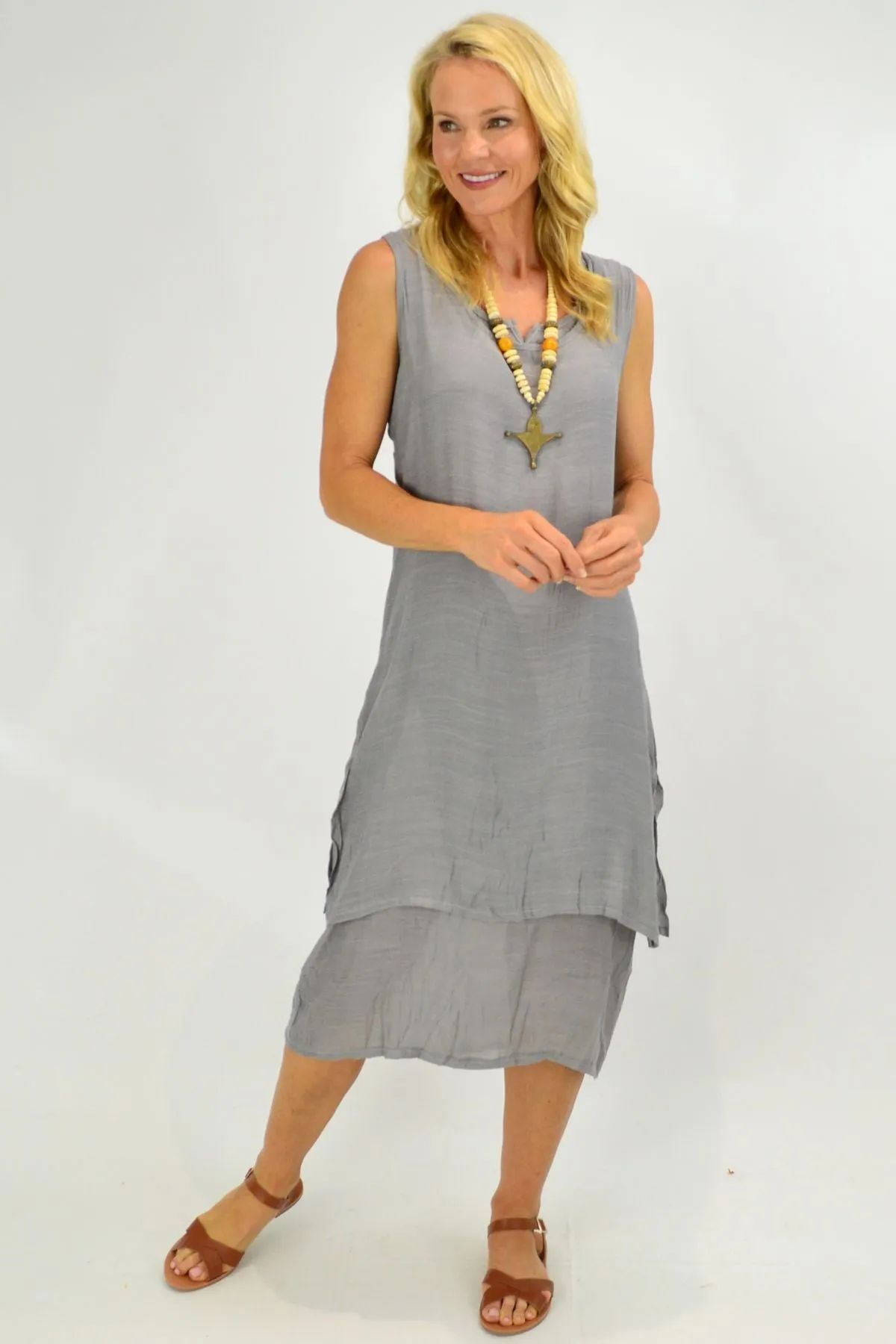 Grey V Sleeveless Layered Tunic Dress