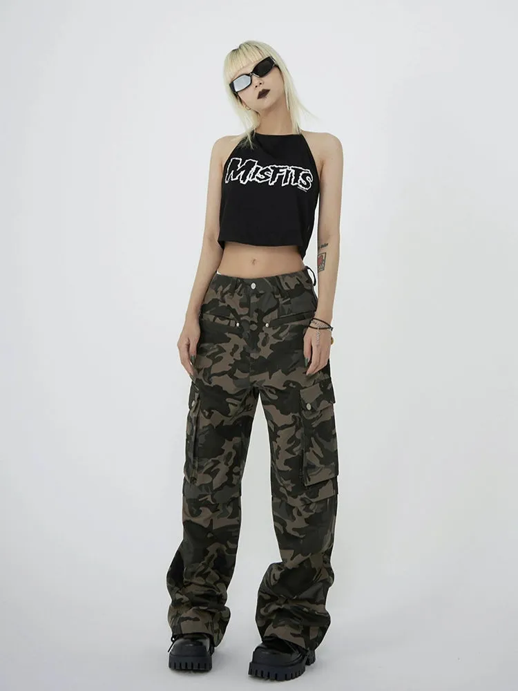 High Waist Camo Cargo Pants with Pockets