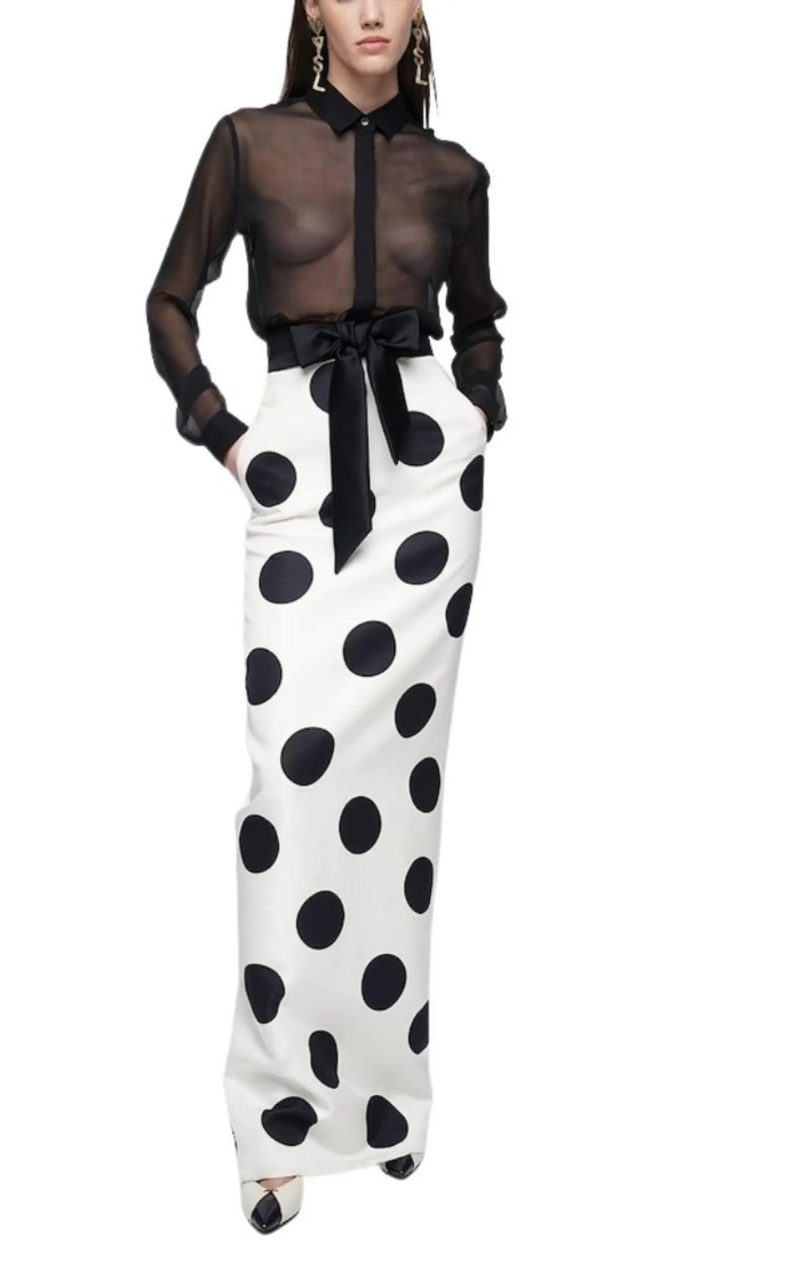 High Waist Polka Dot Silk Twill Skirt