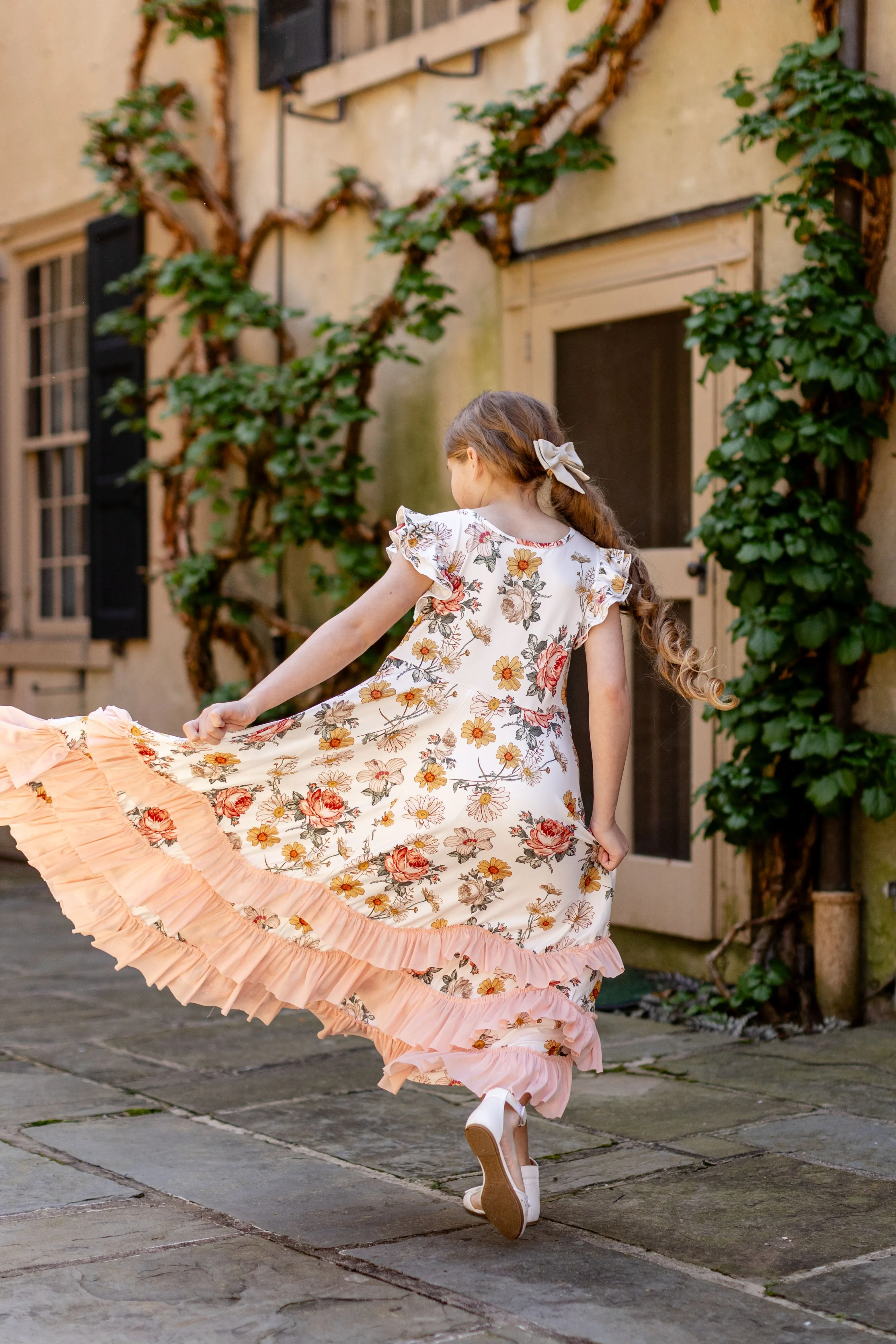 'Iris' Girl Garden Floral Ruffled Maxi Dress in Ivory FINAL SALE