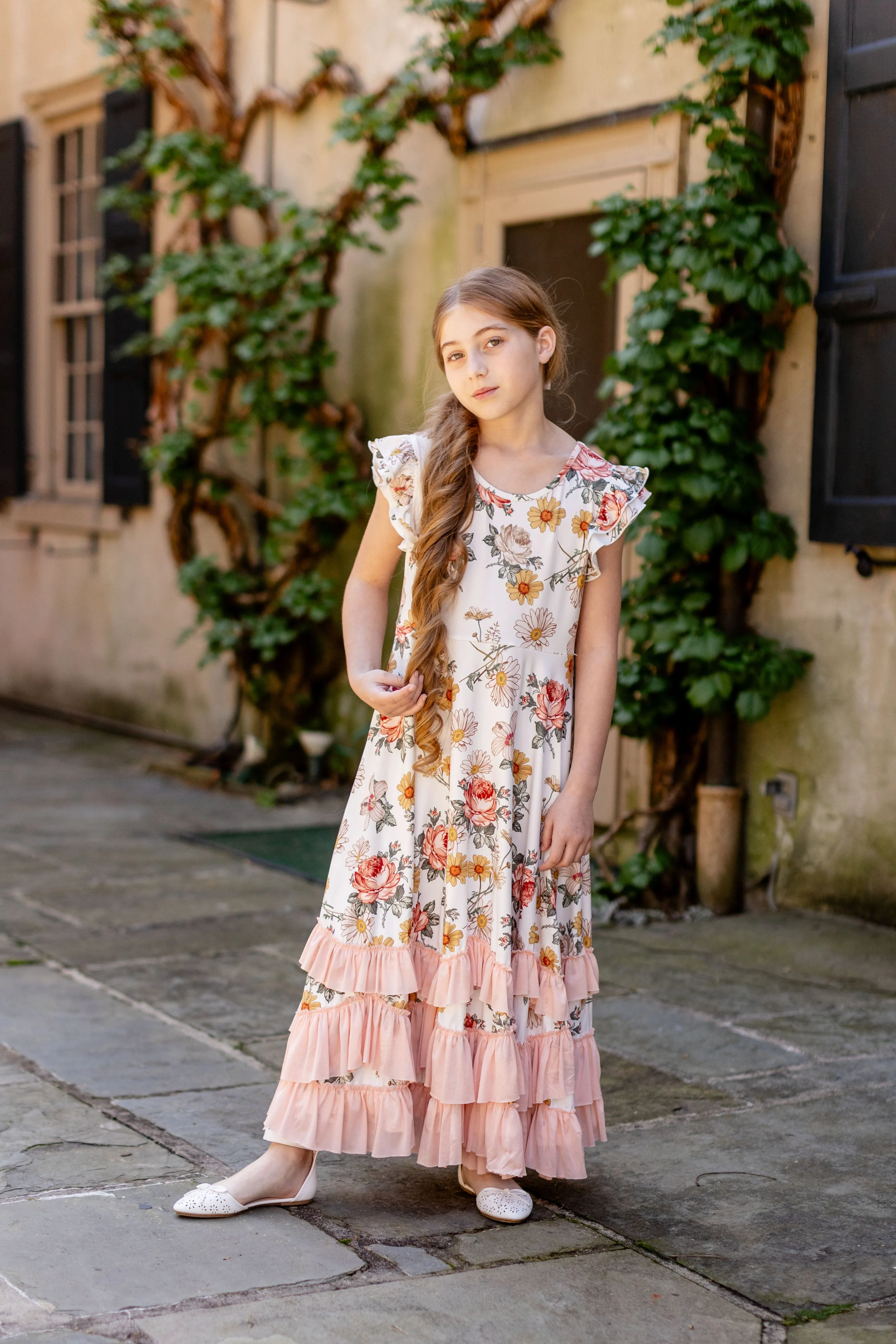 'Iris' Girl Garden Floral Ruffled Maxi Dress in Ivory FINAL SALE