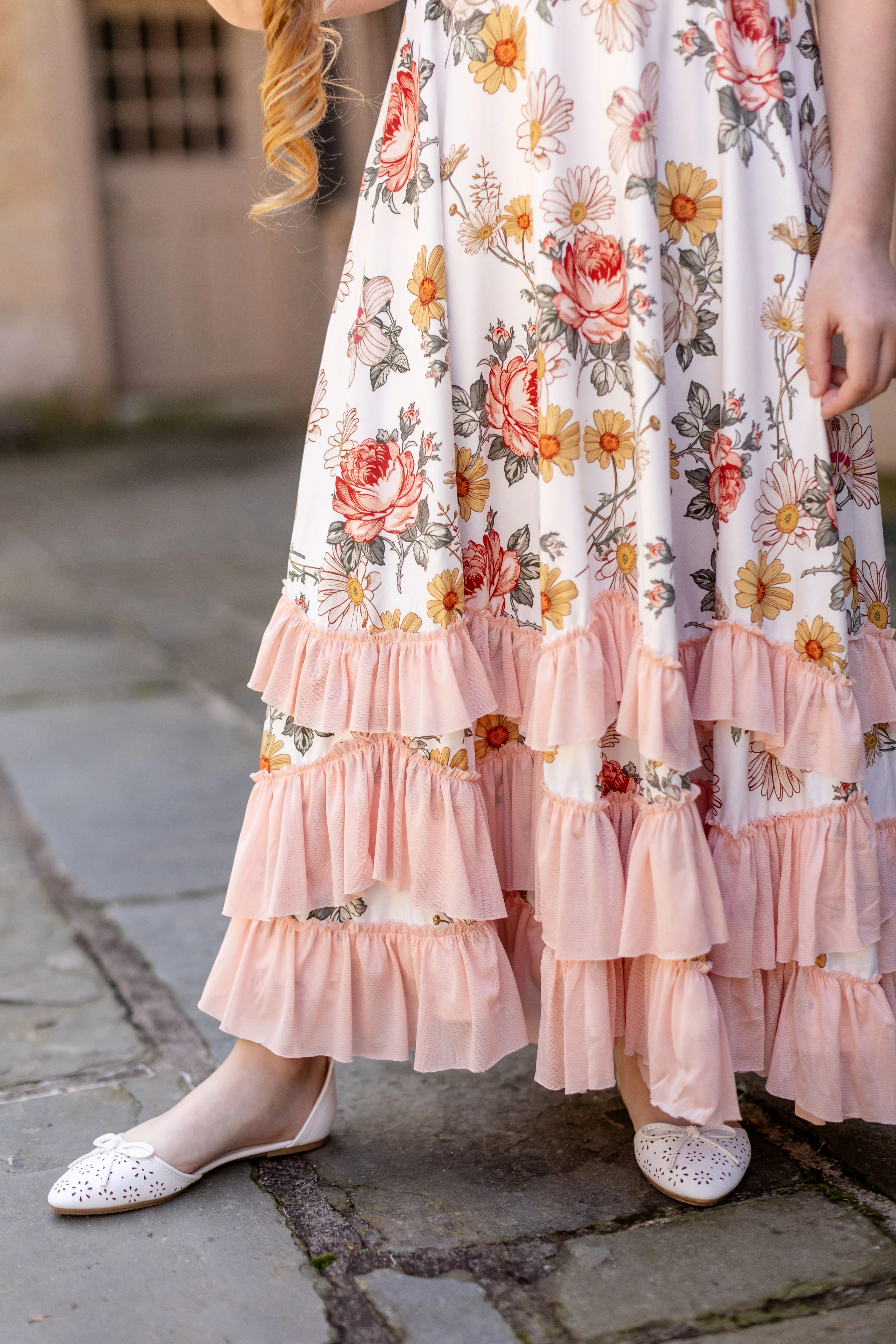 'Iris' Girl Garden Floral Ruffled Maxi Dress in Ivory FINAL SALE