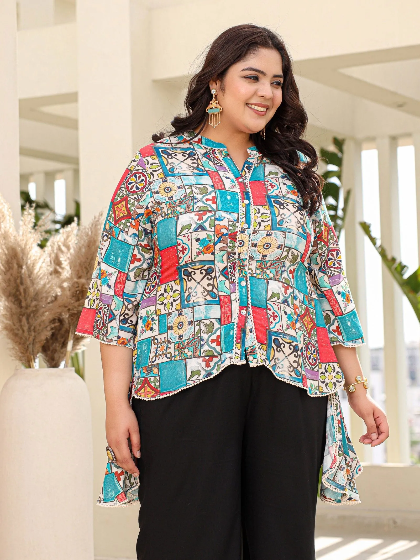 Juniper Blue Rayon Ethnic Motif Printed High-Lacy Plus Size Tunic