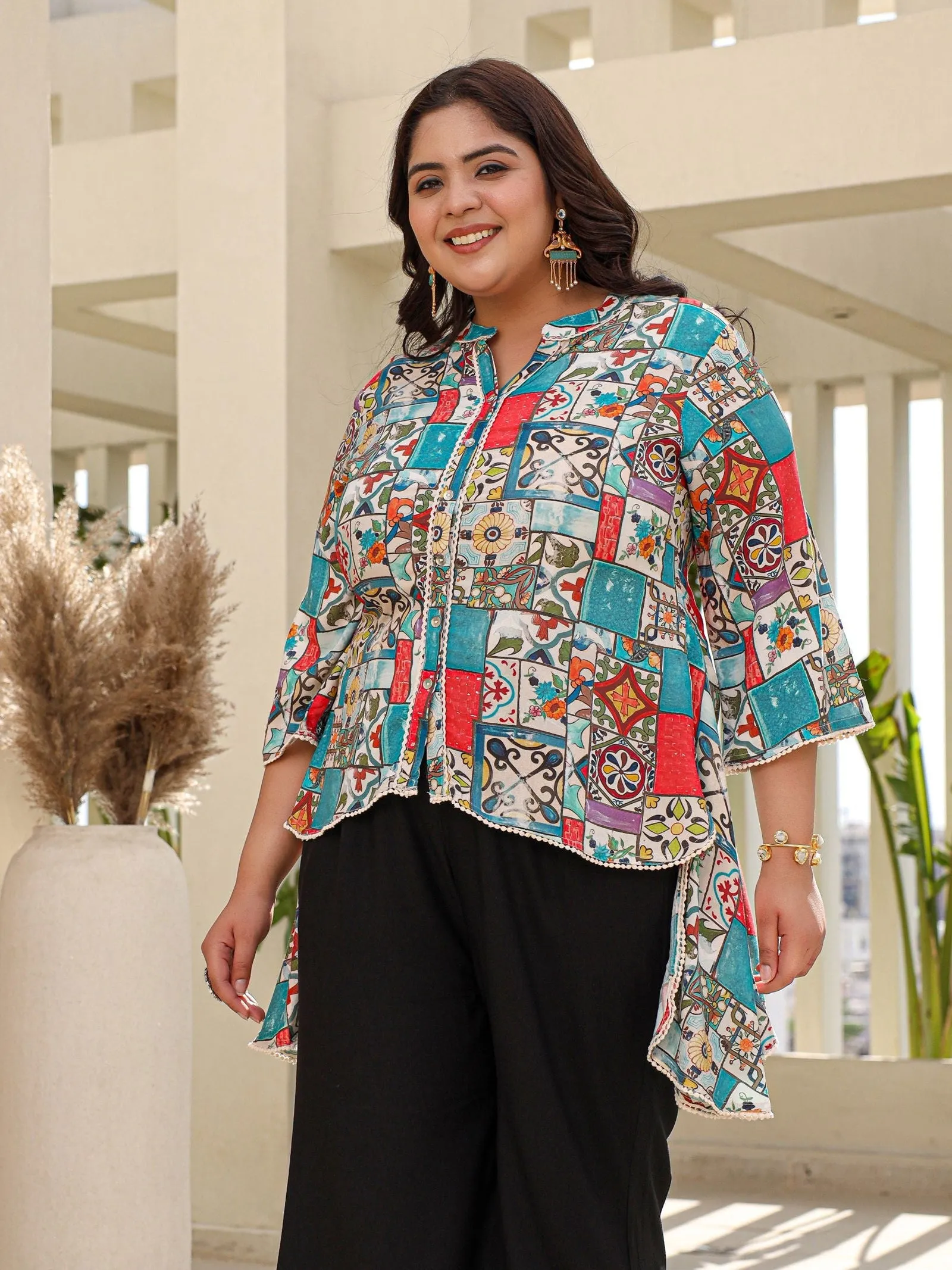 Juniper Blue Rayon Ethnic Motif Printed High-Lacy Plus Size Tunic