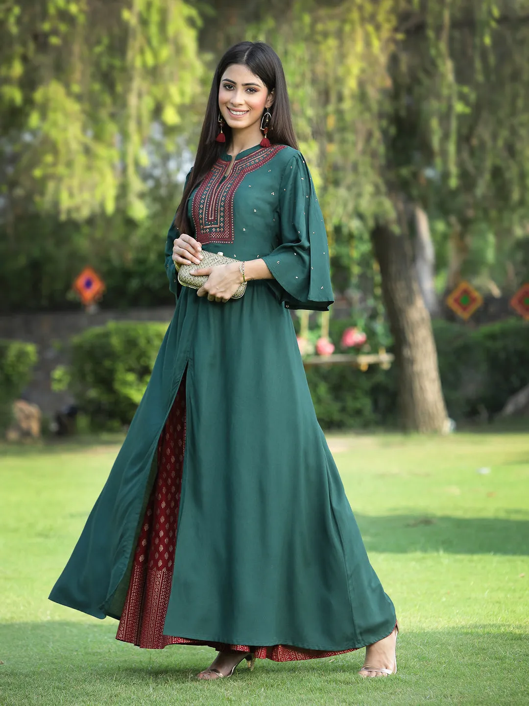 Juniper Jade Green Ethnic Motif Printed Rayon High-Slit Kurta & Palazzo Set With Thread Work Embroidery