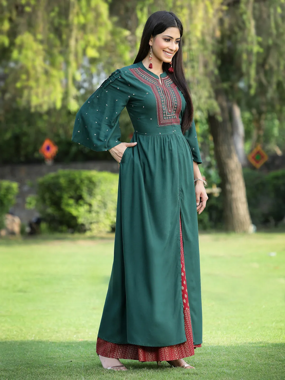 Juniper Jade Green Ethnic Motif Printed Rayon High-Slit Kurta & Palazzo Set With Thread Work Embroidery