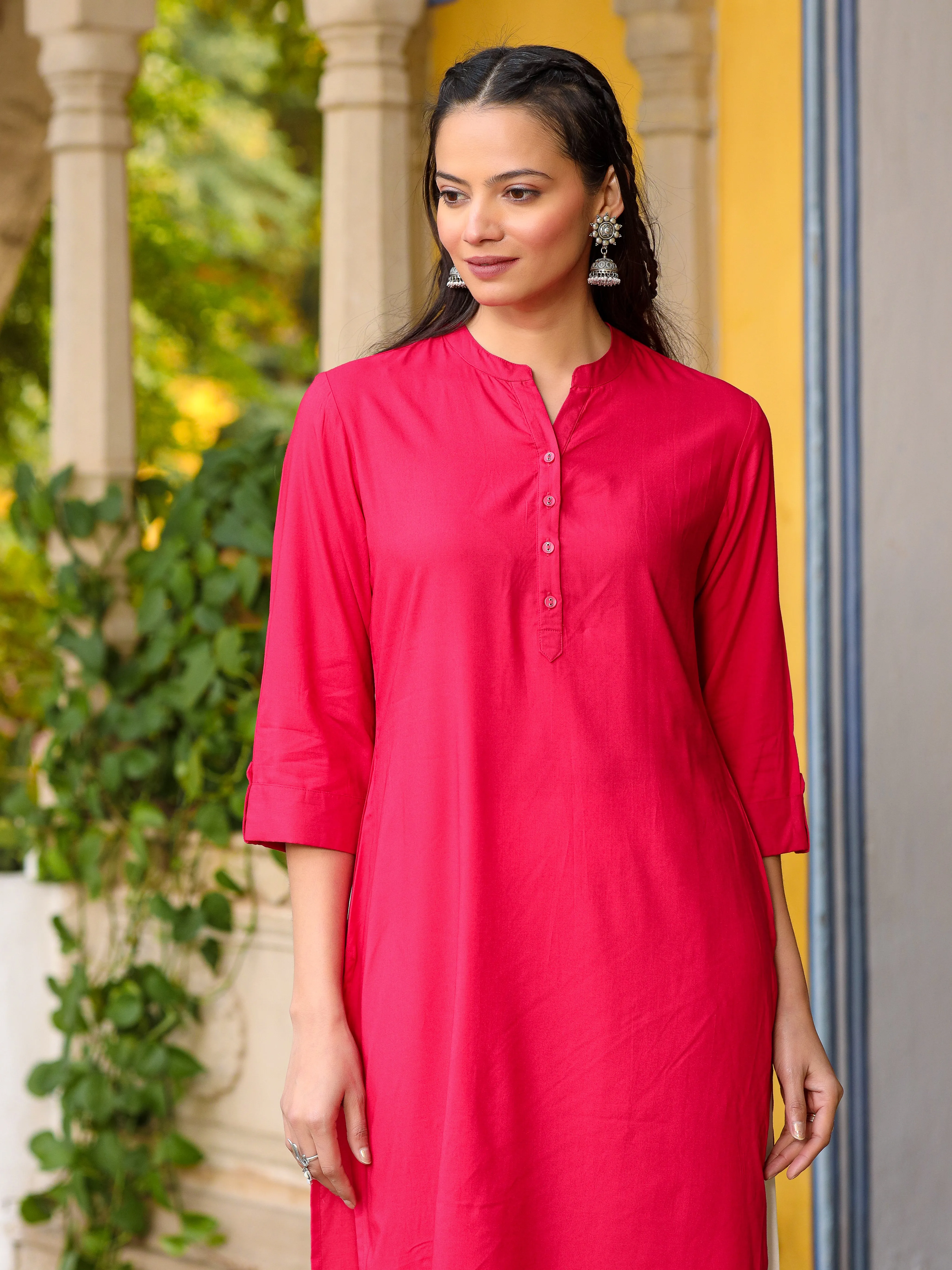 Juniper Pink Solid Modal Rayon Straight Kurta With Half Placket At Front