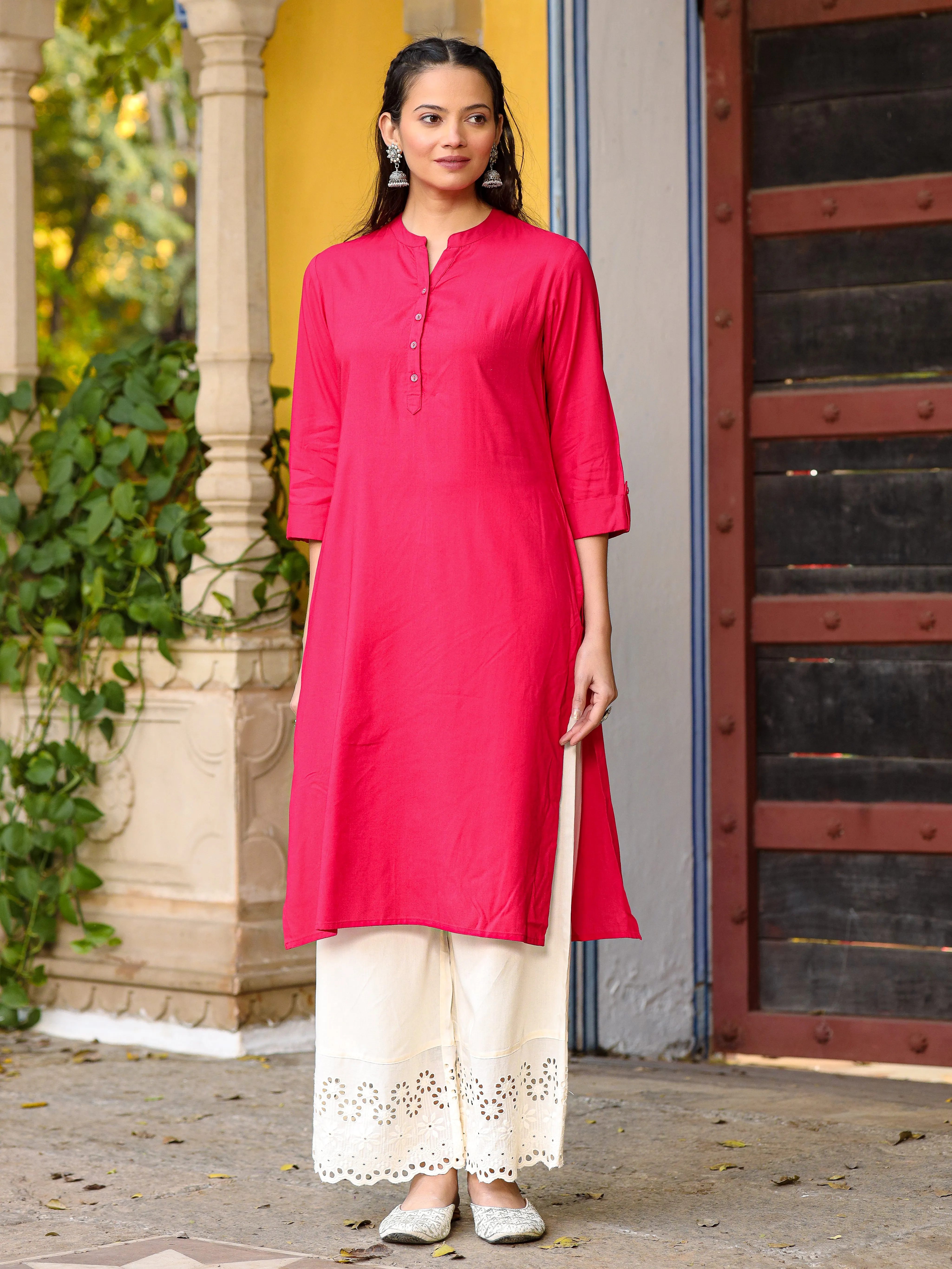 Juniper Pink Solid Modal Rayon Straight Kurta With Half Placket At Front