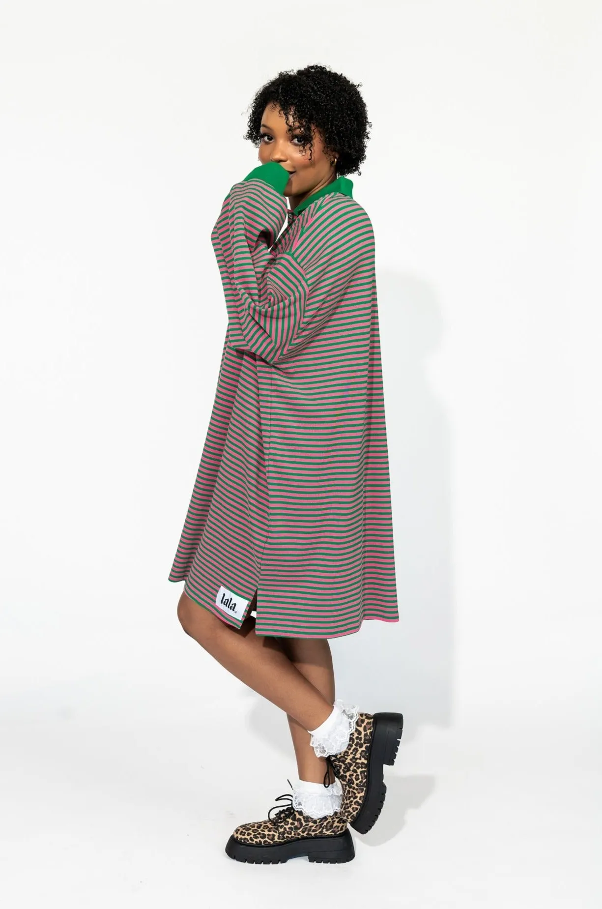 Lalaland University Oversized Polo Mini Dress in Watermelon Stripes