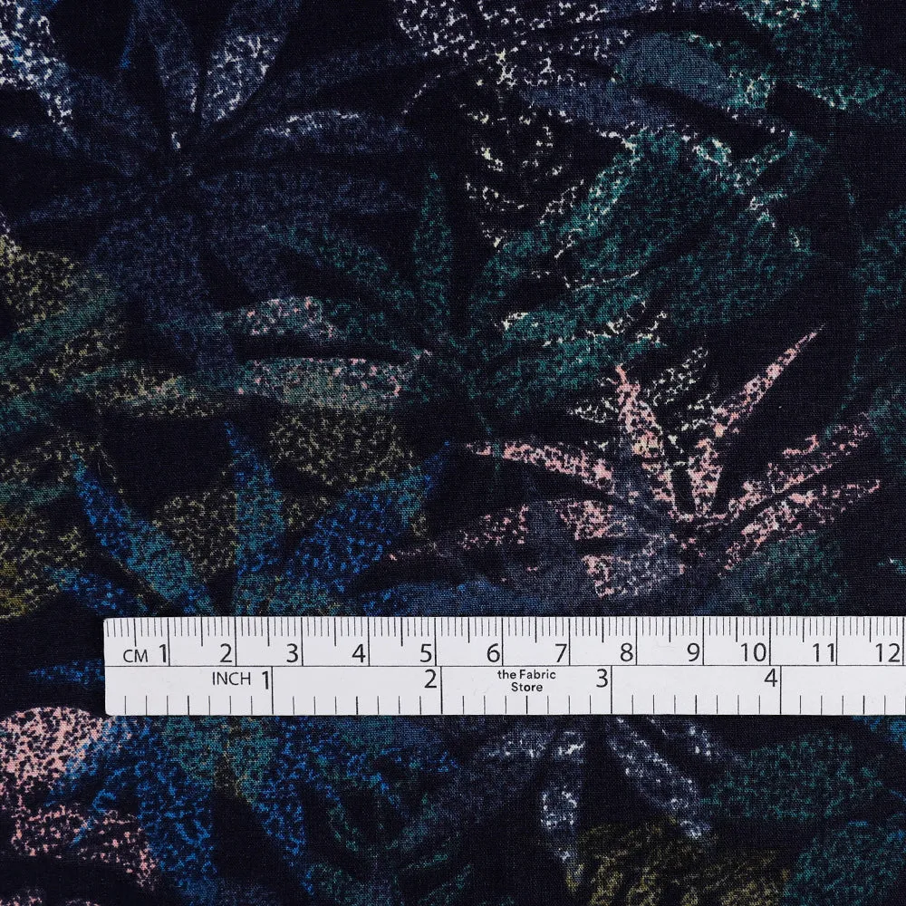 Layered Leaves Rayon Challis - Navy (remnant)