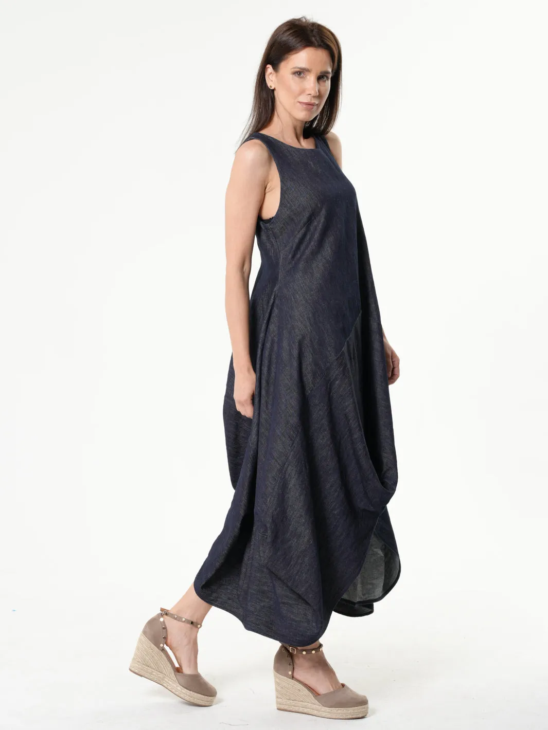 Long Denim Dress With Linen