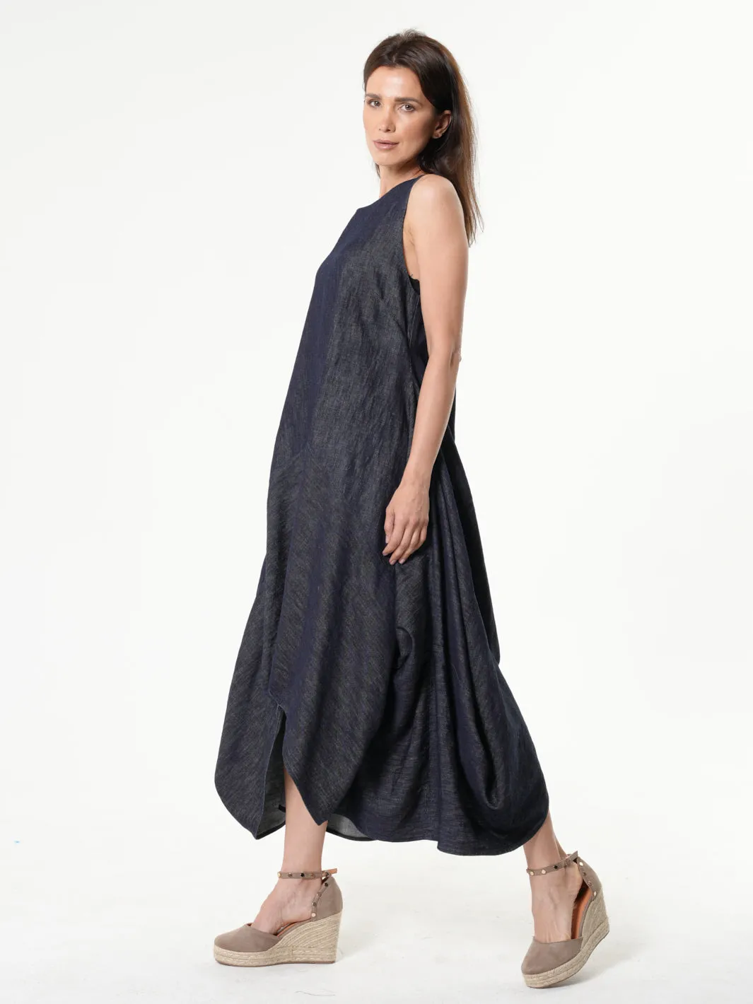 Long Denim Dress With Linen