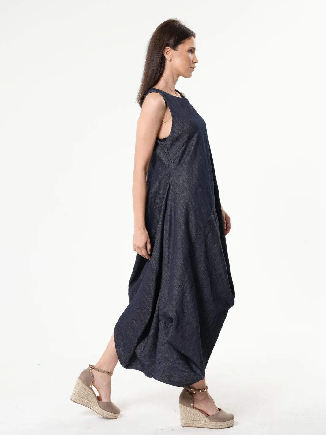 Long Denim Dress With Linen