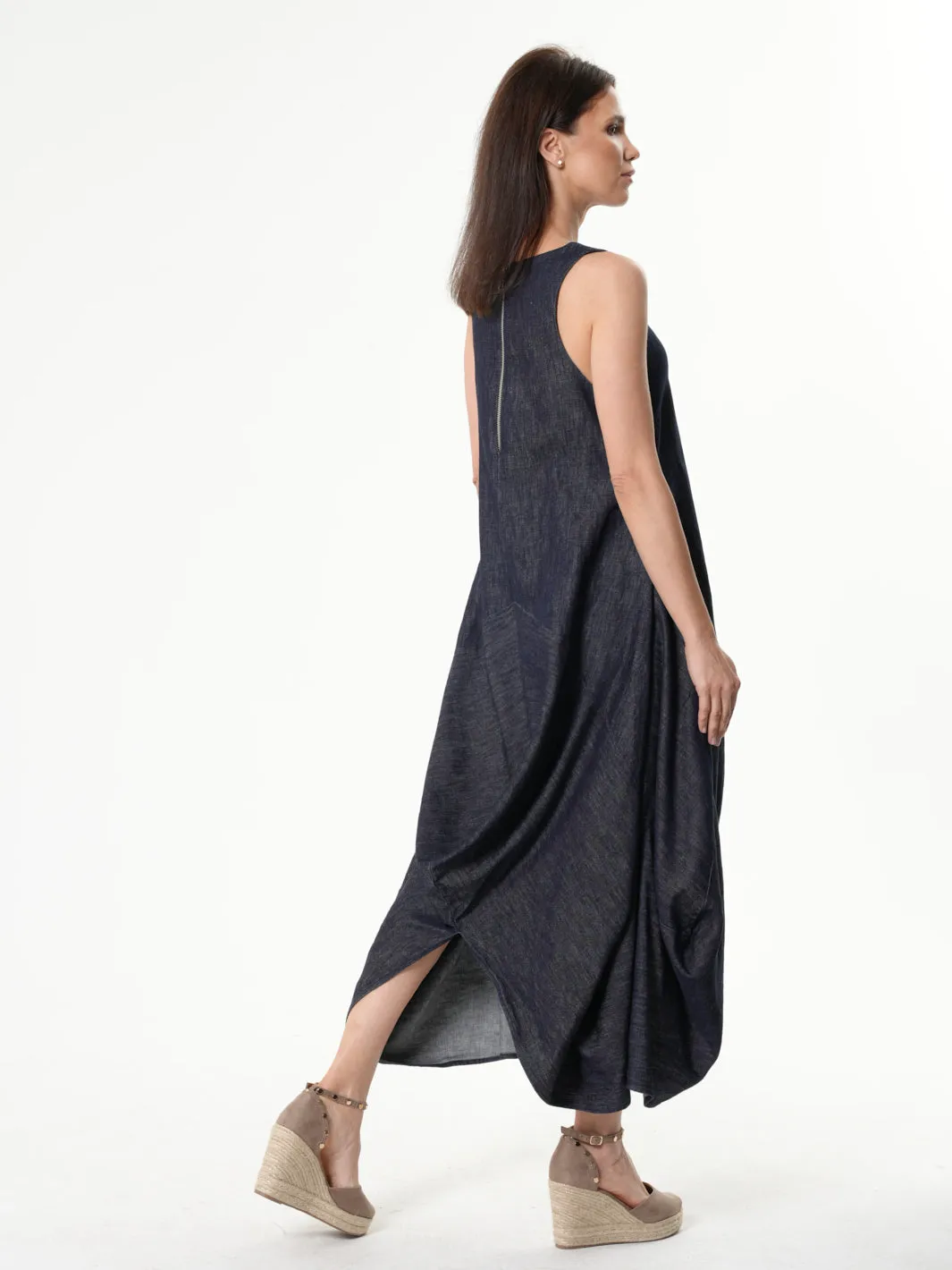 Long Denim Dress With Linen