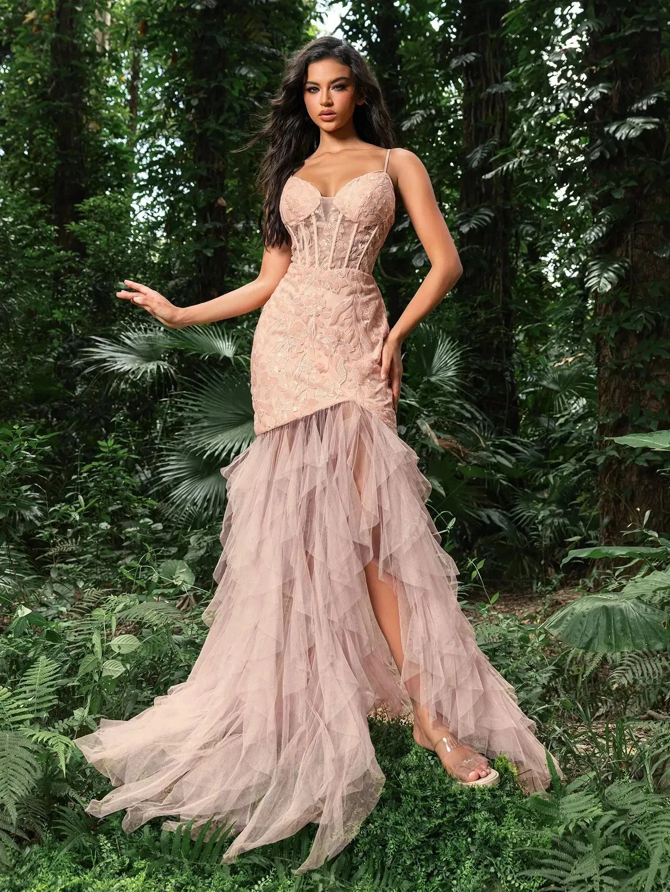 Luxury Floral Sequin Bodice Tulle Mermaid Hem Slip Prom Dress