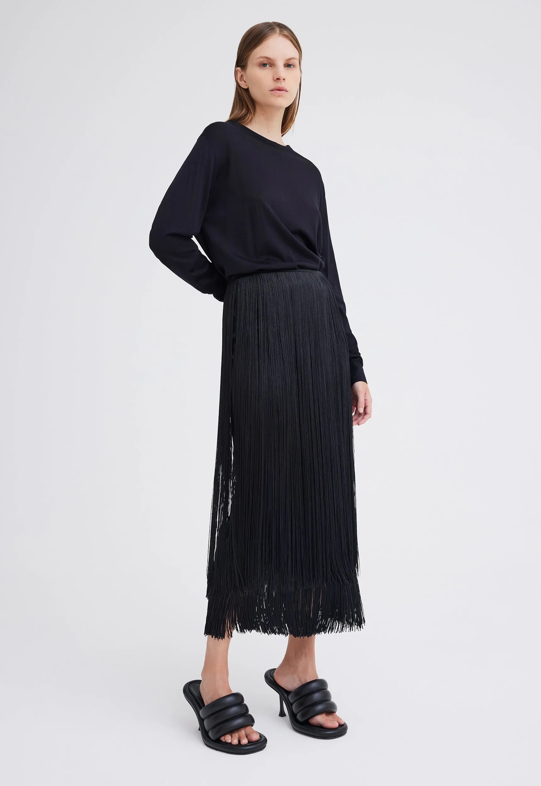 Marquee Wool Fringe Skirt - Black