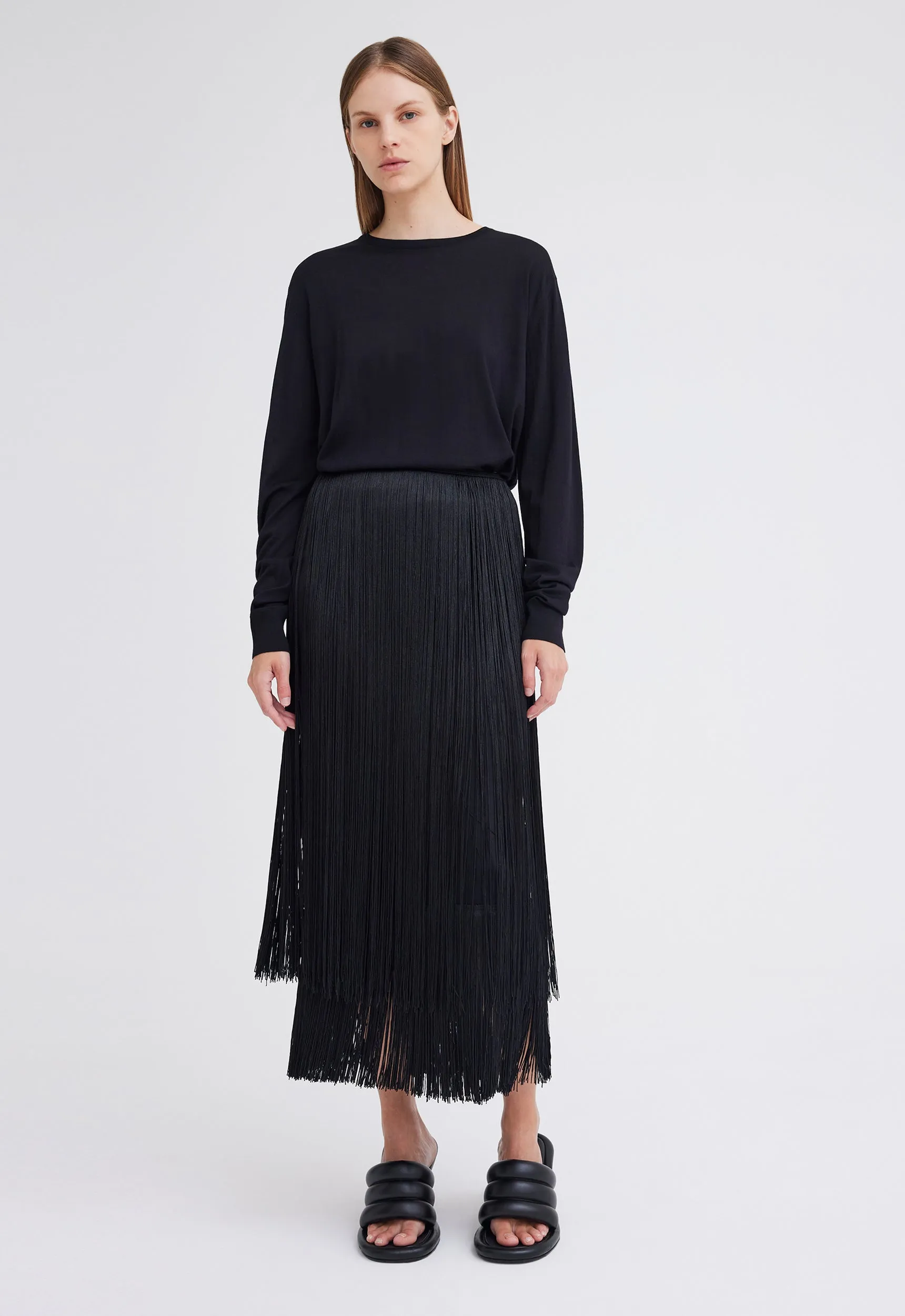 Marquee Wool Fringe Skirt - Black