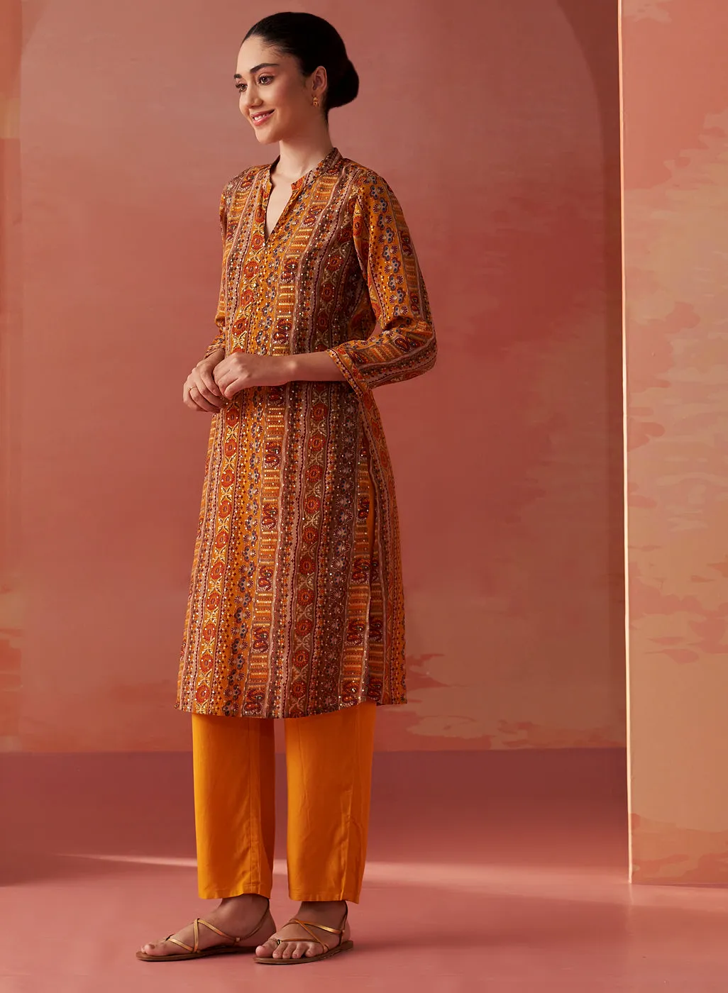 Maysa Mustard Embroidered Chiffon Co-ord Set for Women