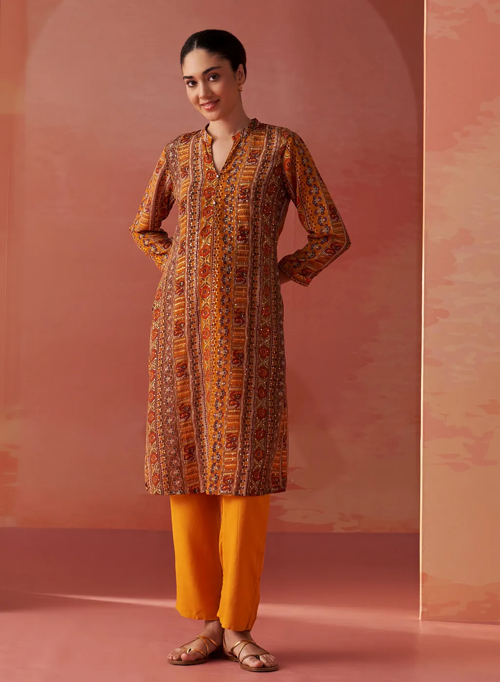 Maysa Mustard Embroidered Chiffon Co-ord Set for Women