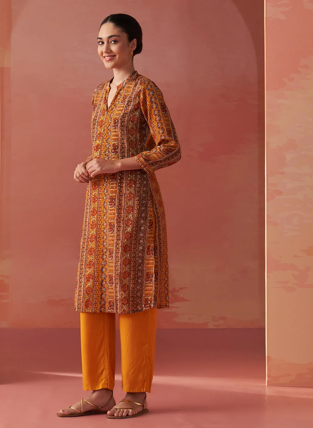 Maysa Mustard Embroidered Chiffon Co-ord Set for Women