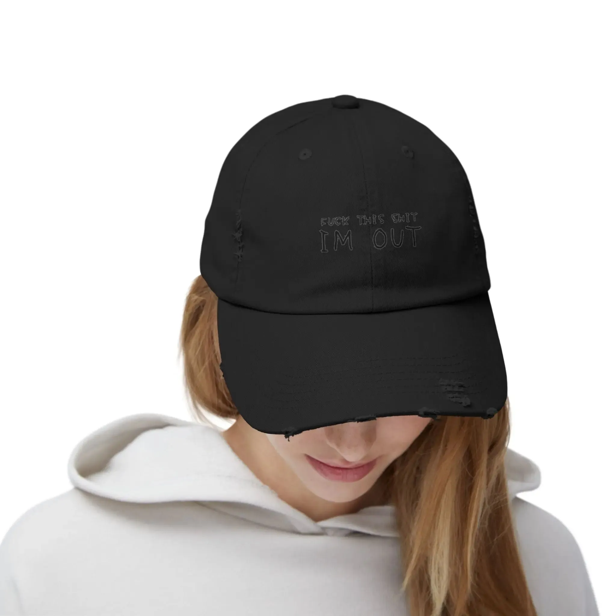 Mens & women Distressed Cap - "F*** This Shit, I'm Out" - Casual Black Baseball Hat for Relaxed Vibes