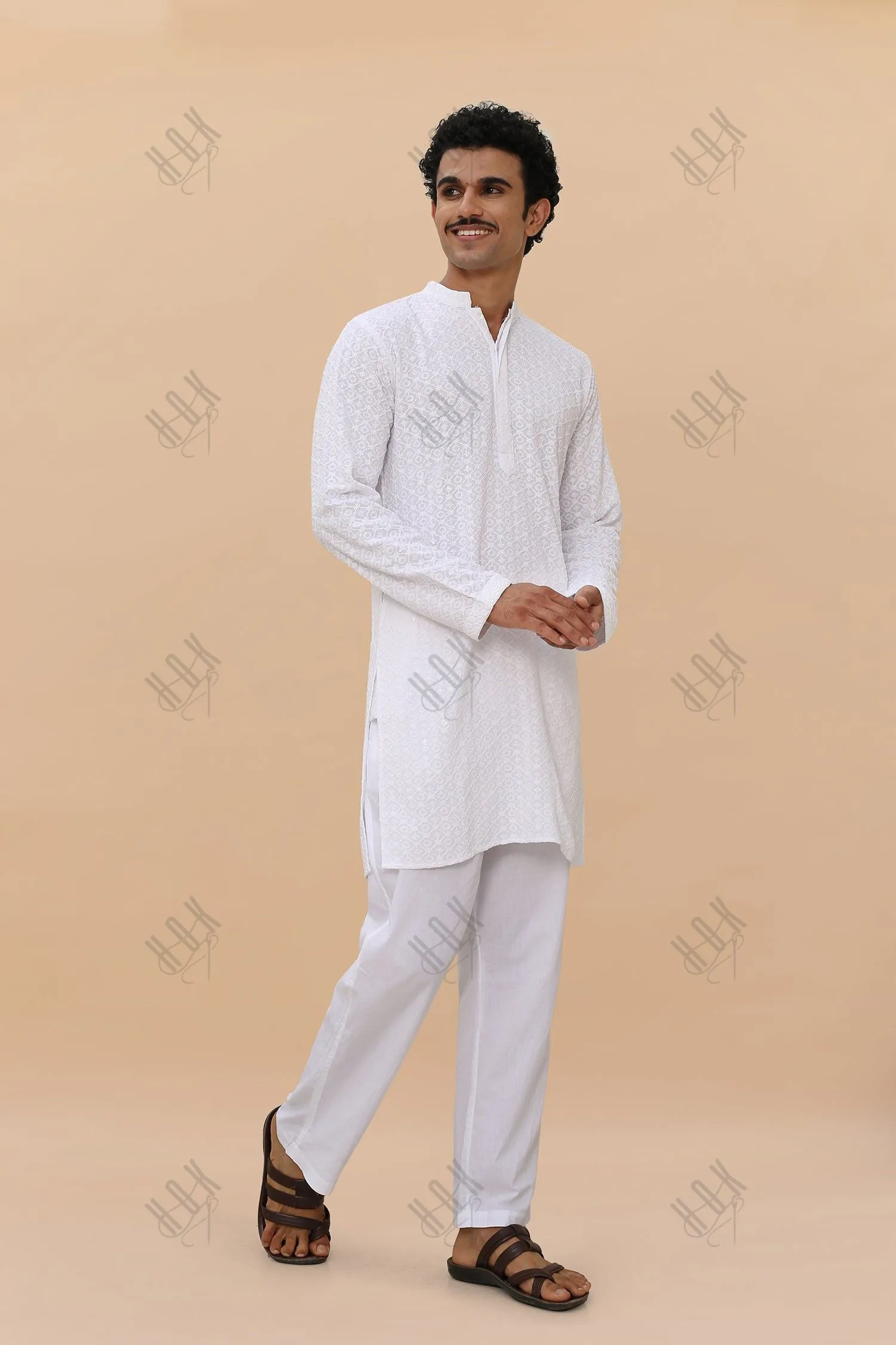 Men's Kurta In  Chikankari Rayon   - White